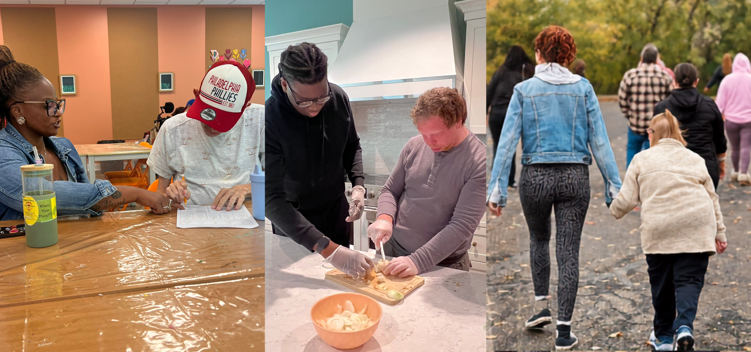 Collage of three scenes: people in a classroom or workshop making plans, two individuals cooking in a kitchen, and a group walking outdoors on a fall day.