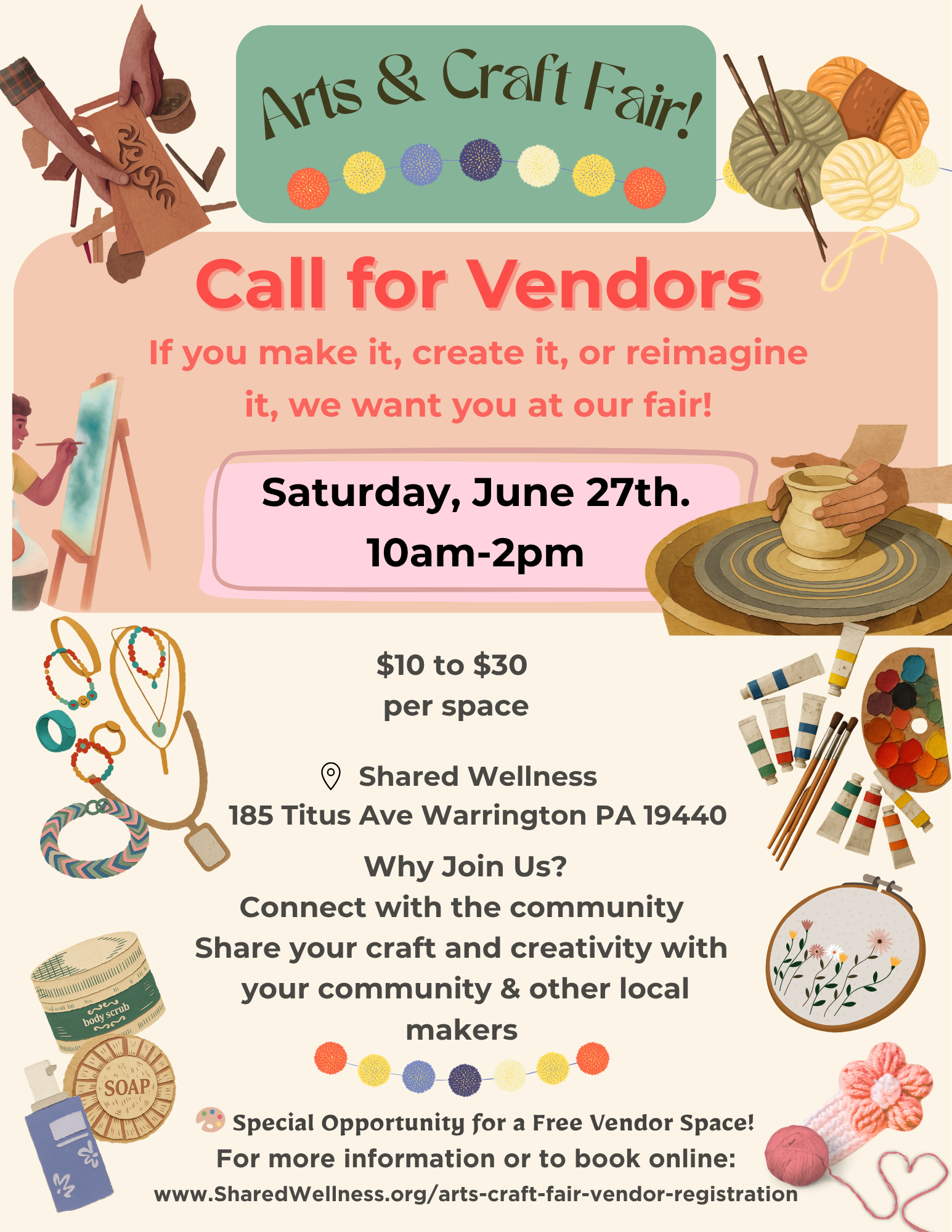 Poster for Arts & Craft Fair featuring illustrations of craft supplies such as yarn, sewing needles, paint, jewelry, soap, and a pottery wheel, with event details and a call for vendors.