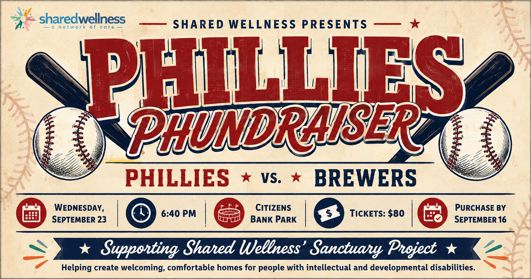 Event poster for Phillies Pundraiser baseball game between Phillies and Brewers, supporting Shared Wellness Sanctuary Project, scheduled for Wednesday, September 23 at 6:40 PM at Citizens Bank Park. Tickets are $80, purchase by September 16.