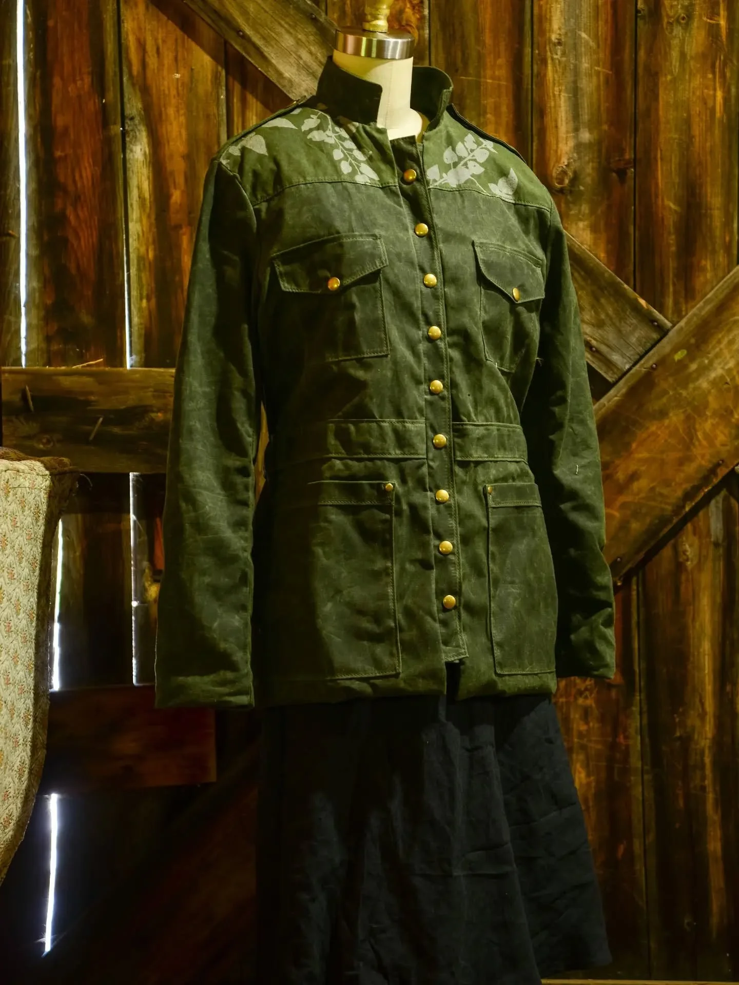 Waxed canvas Decca jacket. Based on my grandfather's WWII uniform, I just reworked the pockets on this design into a double pocket that works from the top or the side. Organic cotton lining, subtle vine print on the front yoke. I will have 3 of these