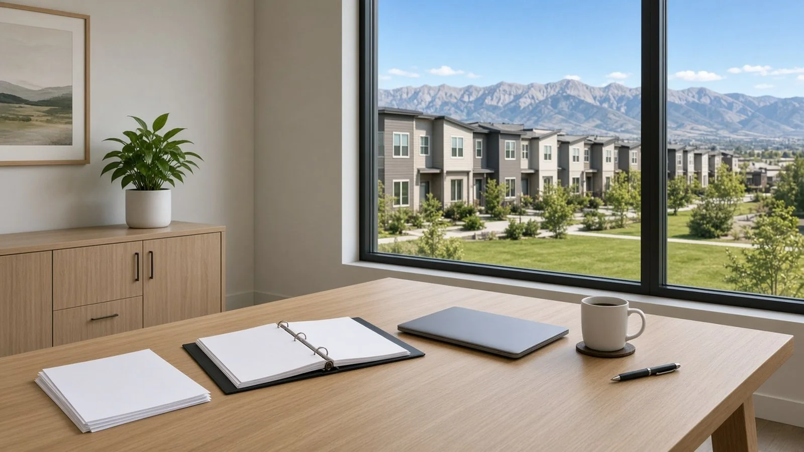 Bright meeting room with a binder and laptop on a table, looking out at a townhome community and the Wasatch Mountains in Utah