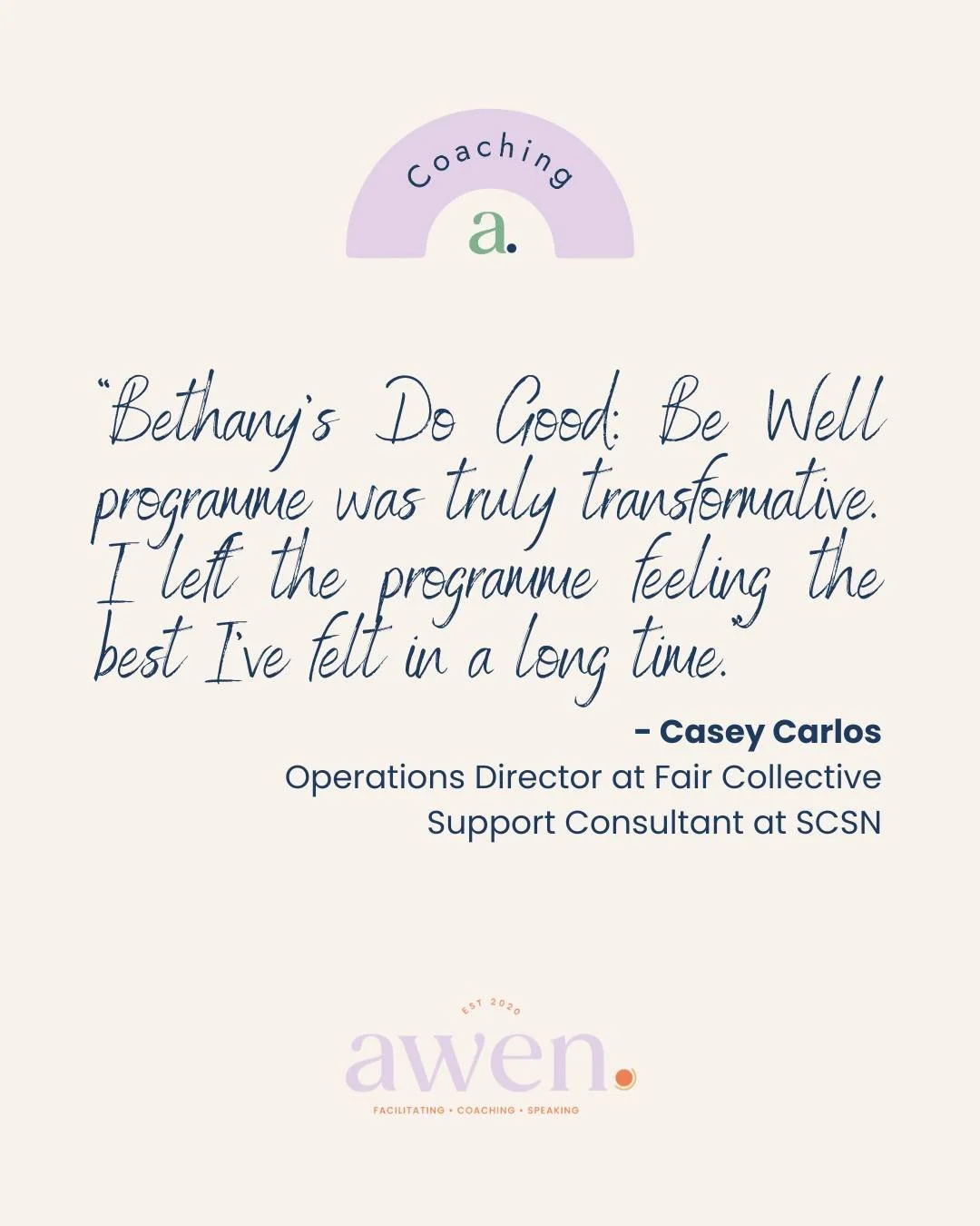 Thoughts from a client who recently finished my Do Good: Be Well Coaching Programme:

&quot;Bethany&rsquo;s Do Good: Be Well programme was truly transformative.

Not only is Bethany wonderful to chat with, but she genuinely cares, listens, and makes 