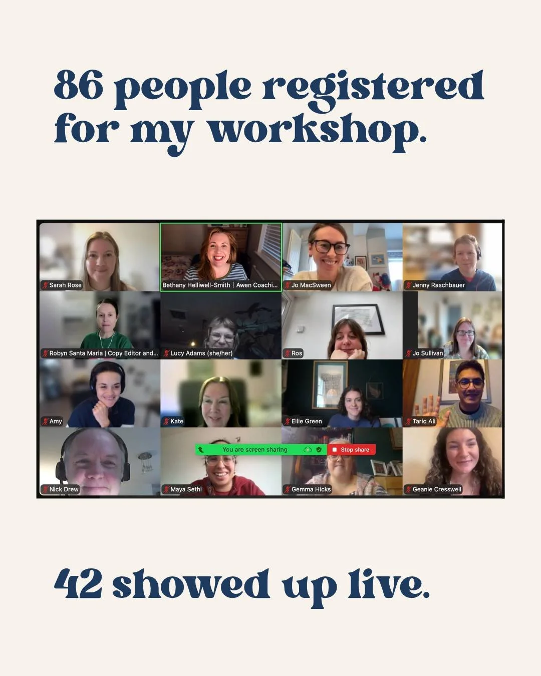 The live gang got something the replay gang didn't: 30 minutes of coaching on their own actual service ideas and businesses. 86 of you registered. 42 showed up live.

We spent the workshop talking about how to stop letting your income depend on how m