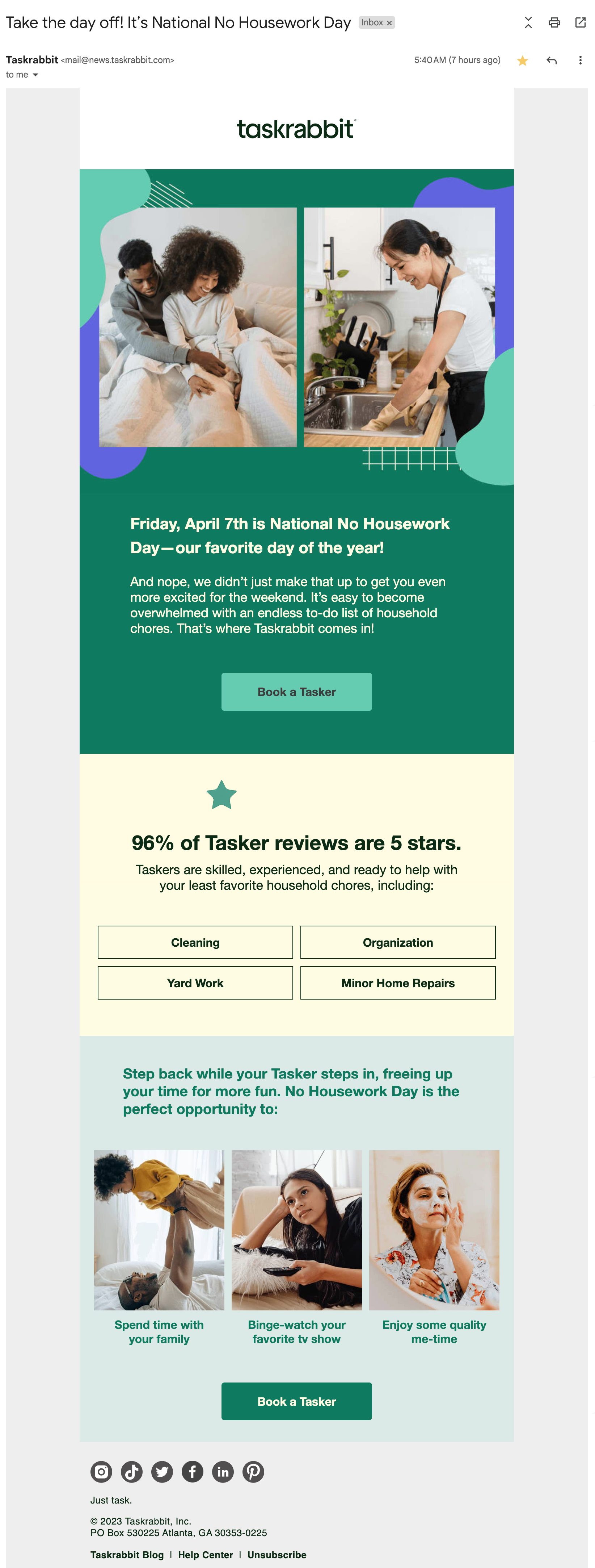 National No Housework Day Email - Taskrabbit