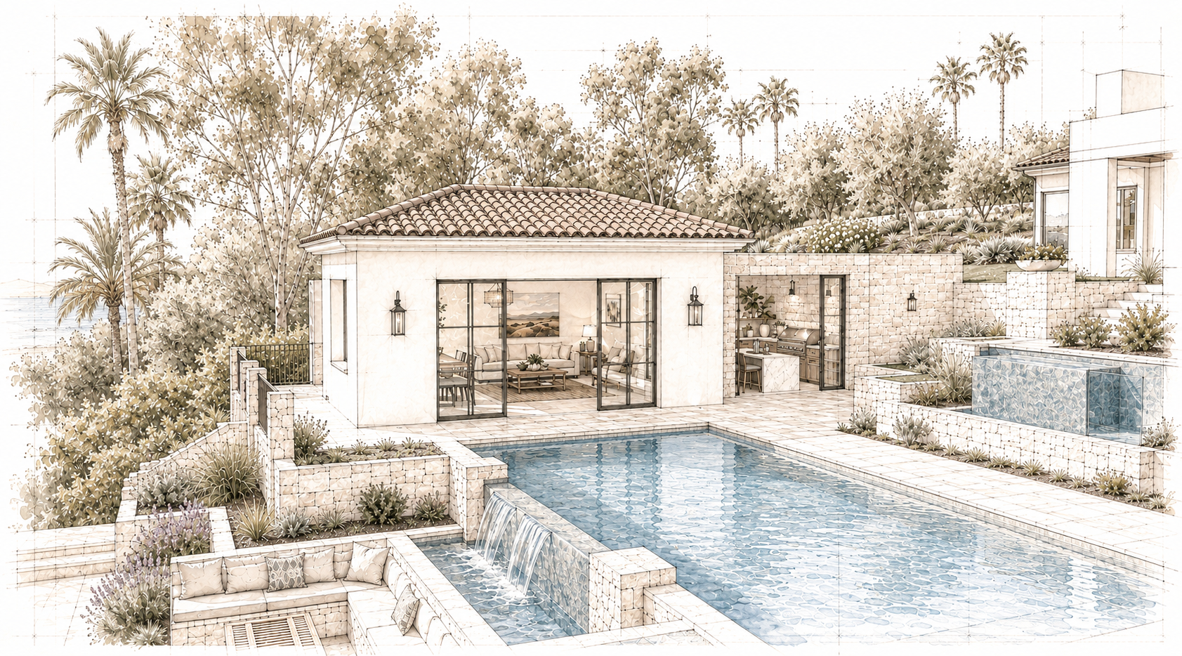 Pool house with clay tile roof and resort inspiration