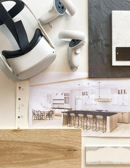 A virtual reality headset, two controllers, and a tablet on a desk, with a modern interior design sketch on paper underneath.