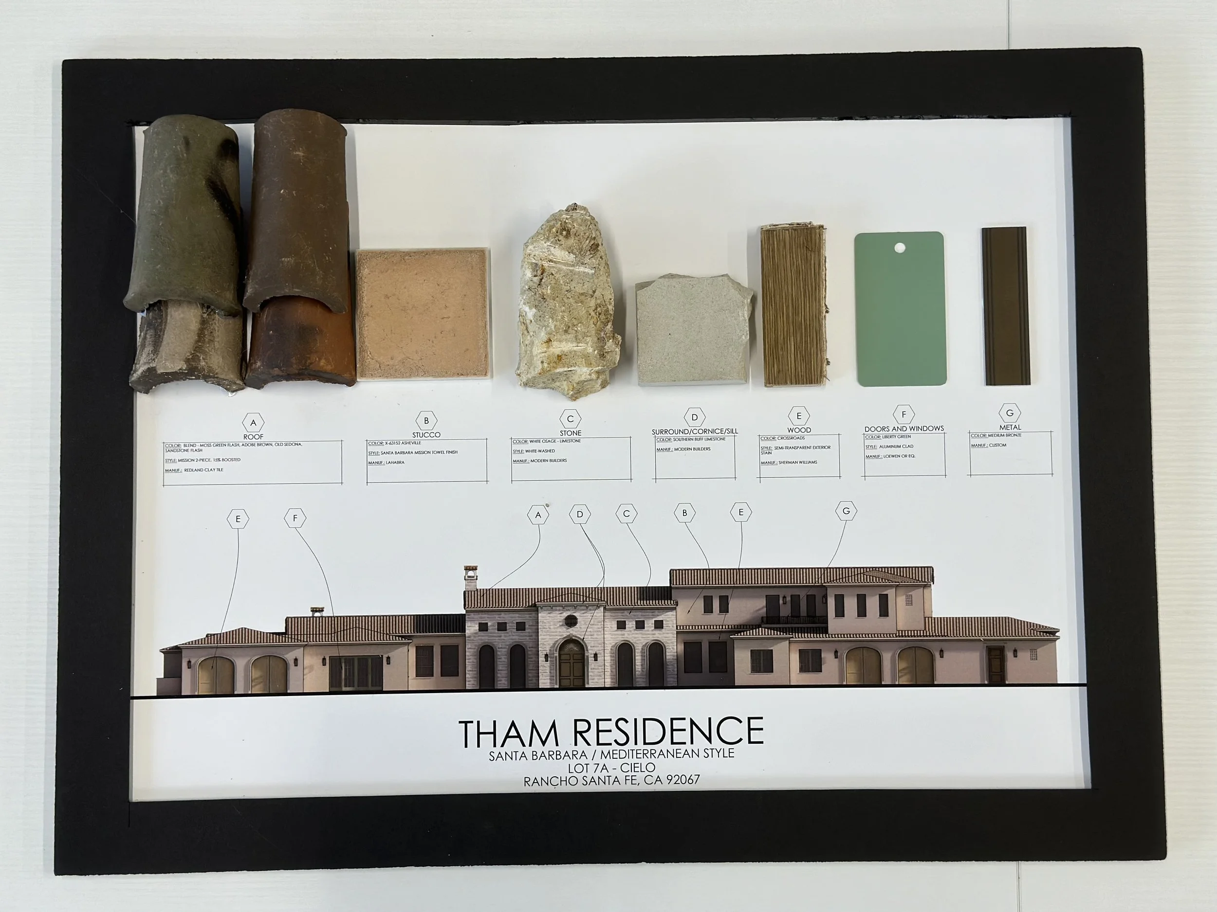 Samples of roofing, stucco, stone, siding, wood, metal, and door and window materials displayed on a chart for a Residence in Santa Barbara, California.