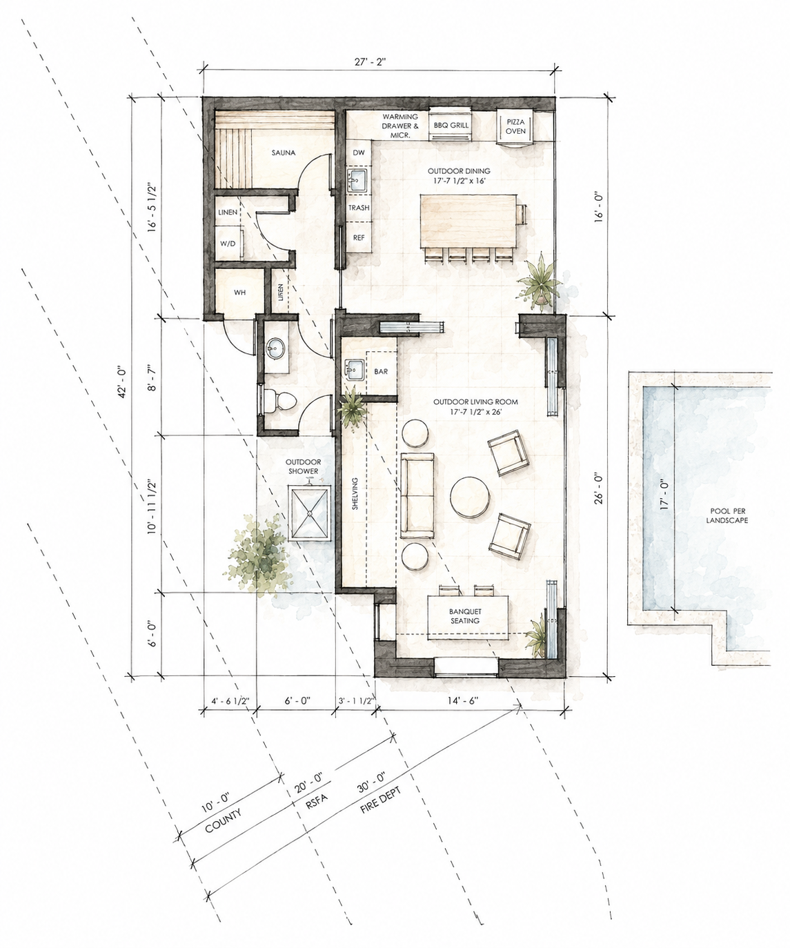Floor Plan of Pool house with clay tile roof and resort inspiration