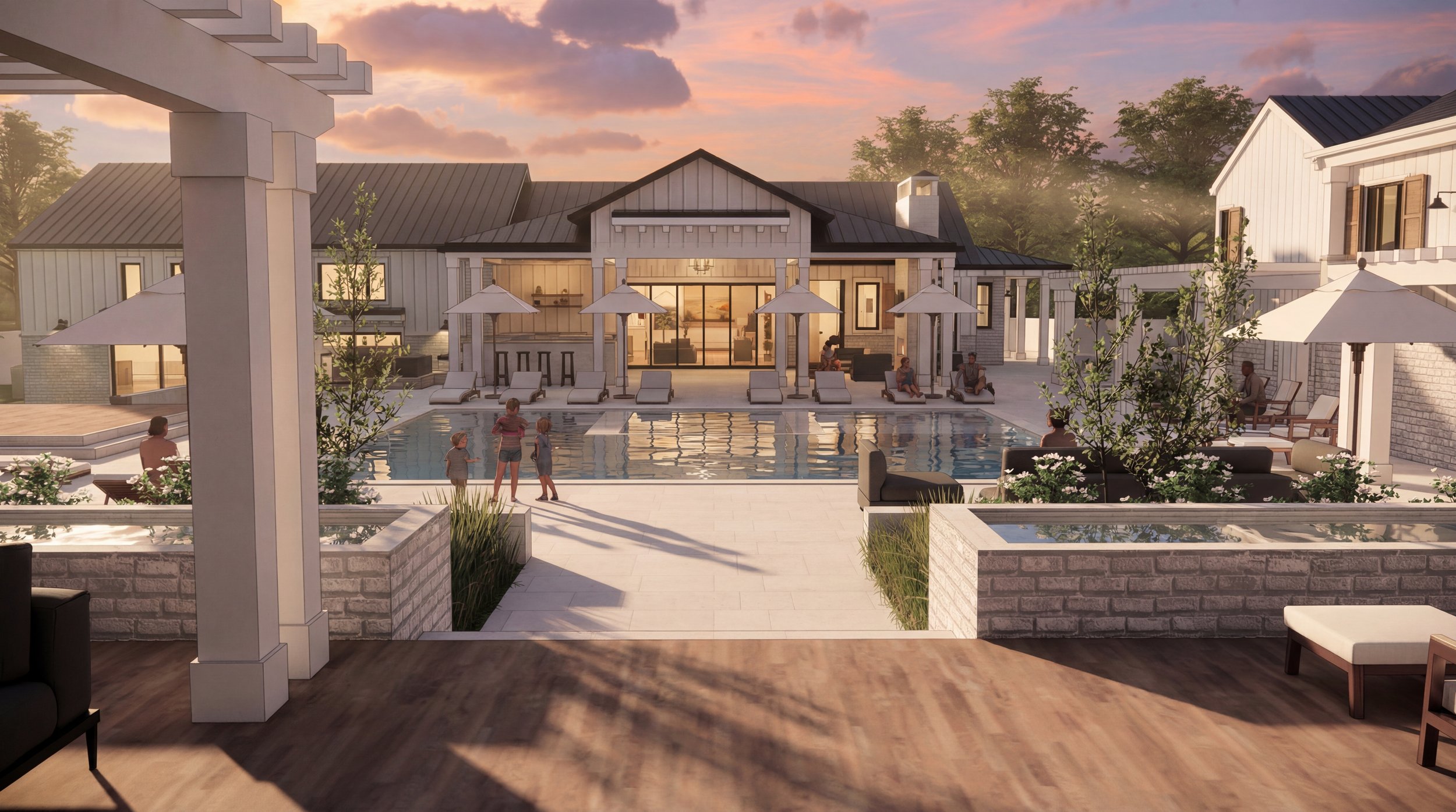 A luxurious outdoor swimming pool area at sunset with people relaxing and kids playing. The scene includes poolside loungers, umbrellas, and surrounding modern house buildings with large glass doors and windows, lush greenery, and a sky painted in wa