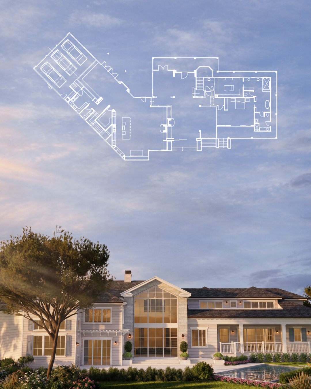 A large house with a front porch, surrounded by a garden and a swimming pool, with a blue sky overhead. A transparent architectural blueprint of the house is superimposed in the sky.