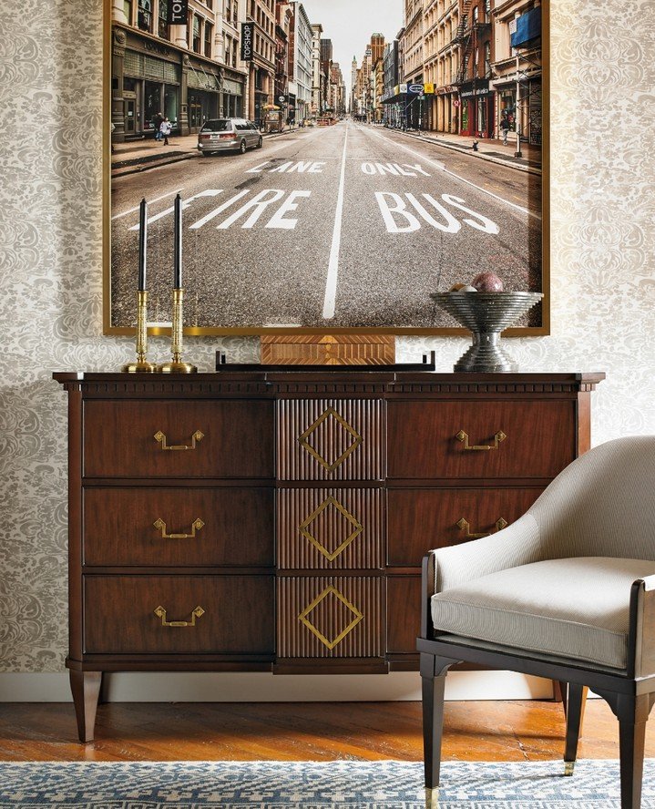Experience timeless elegance with the Bess Dresser from @hickorychair &mdash; a refined tribute to Gustavian Swedish antiques. Nine gracefully scaled drawers are accented with burnished brass hardware, while the fluted center drawers showcase exquisi