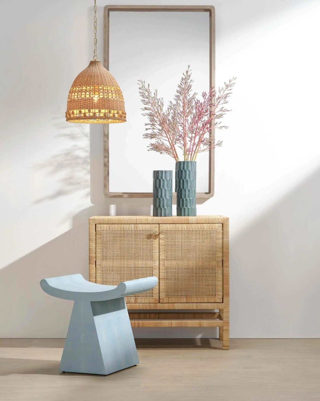 Pale blue pieces for am ethereal tint, the ANNIKA STOOL IN POWDER BLUE @madegoods is featured @businessofhome with is faux shagreen art deco drama.