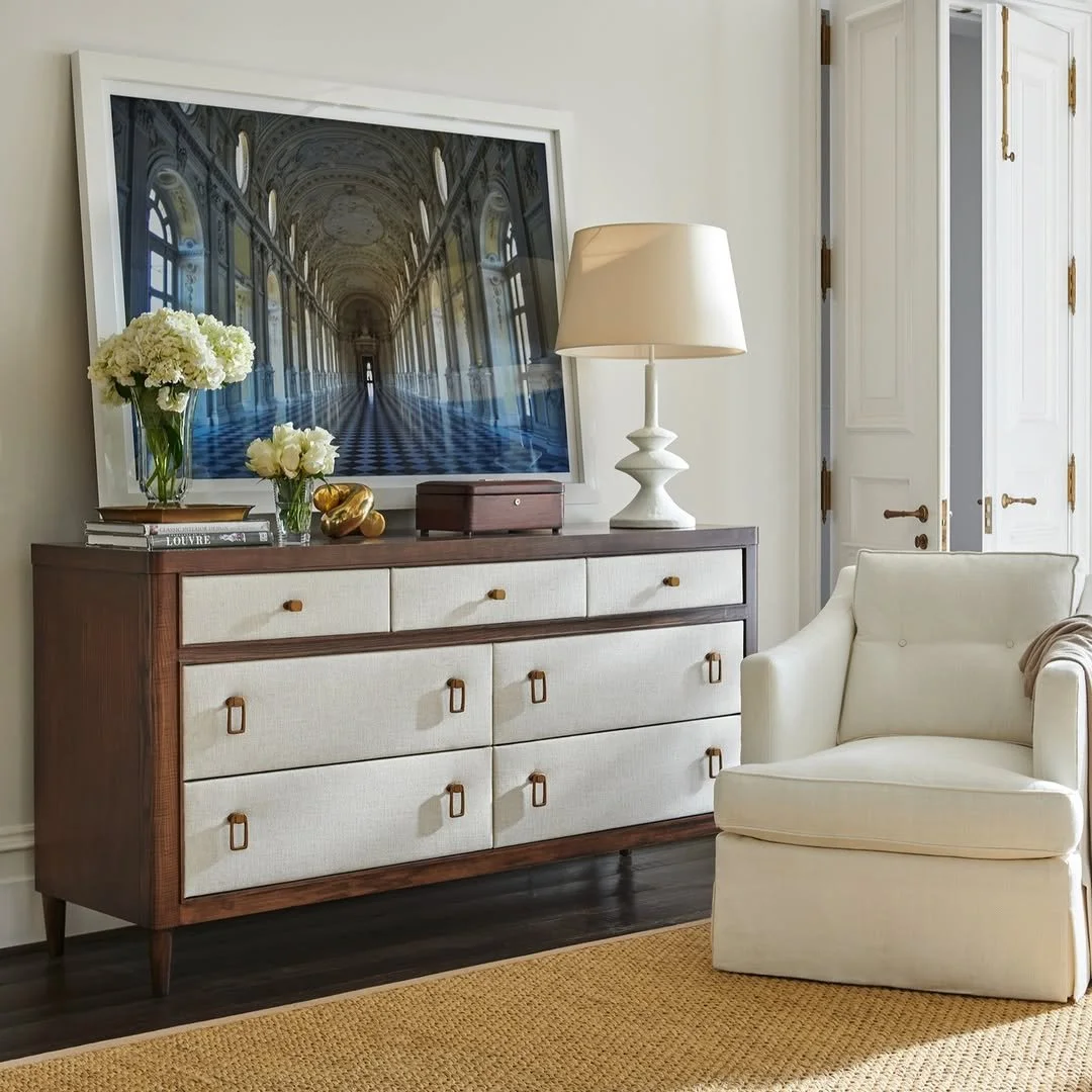 The Sydney Dresser from @hickorychair blends Mid-Century elegance with modern refinement, featuring optional upholstered drawer fronts and smooth Blumotion guides.

Paired with the Meredith Chair&mdash;tailored, petite, and charming&mdash;this duo br