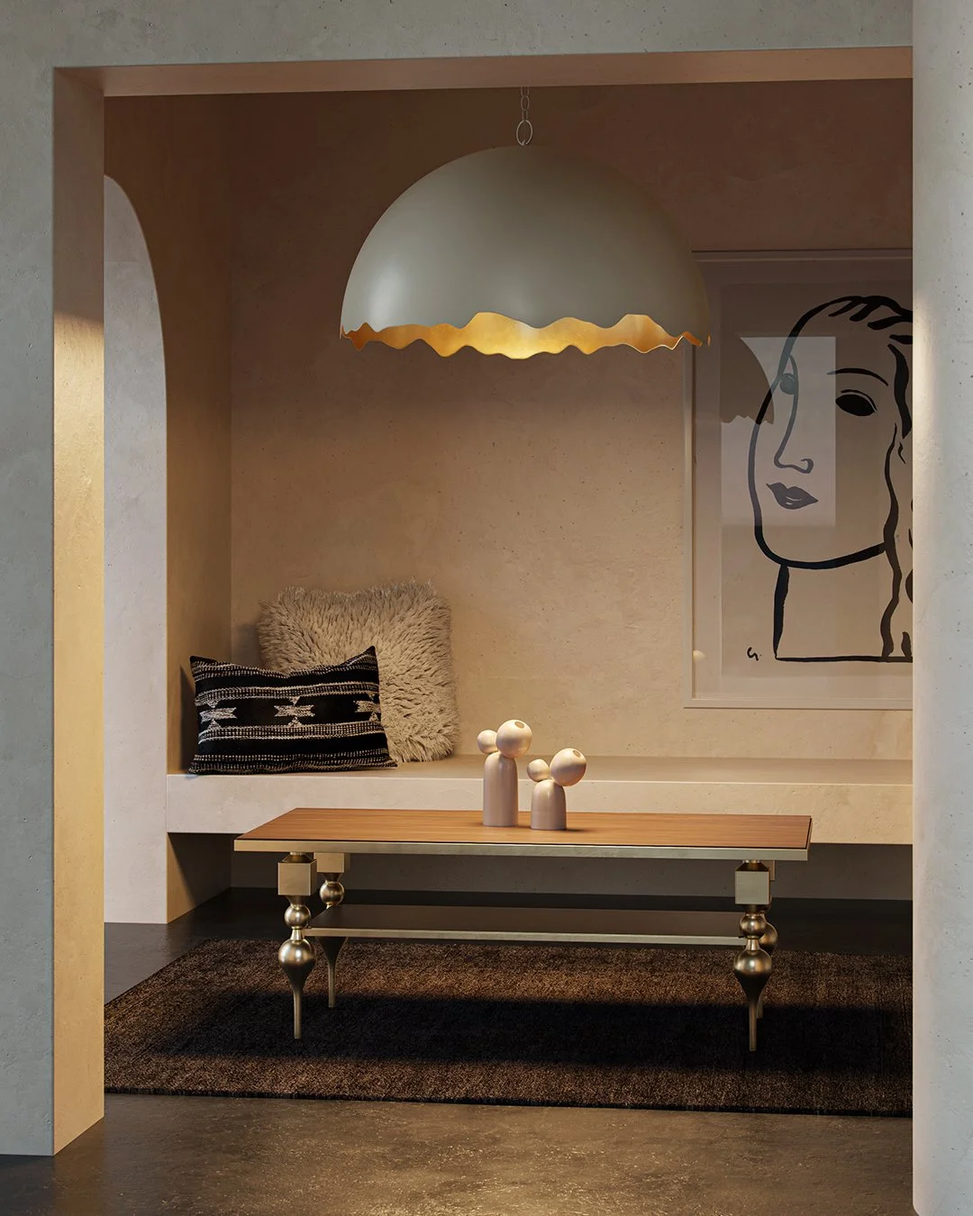 Japanese modern design meets dramatic scale in the Tamago Pendant by @curreyco, created with Hiroshi Koshitaka. Resembling a cracked eggshell, its matte gray exterior contrasts beautifully with a gold-leafed interior, glowing with understated eleganc