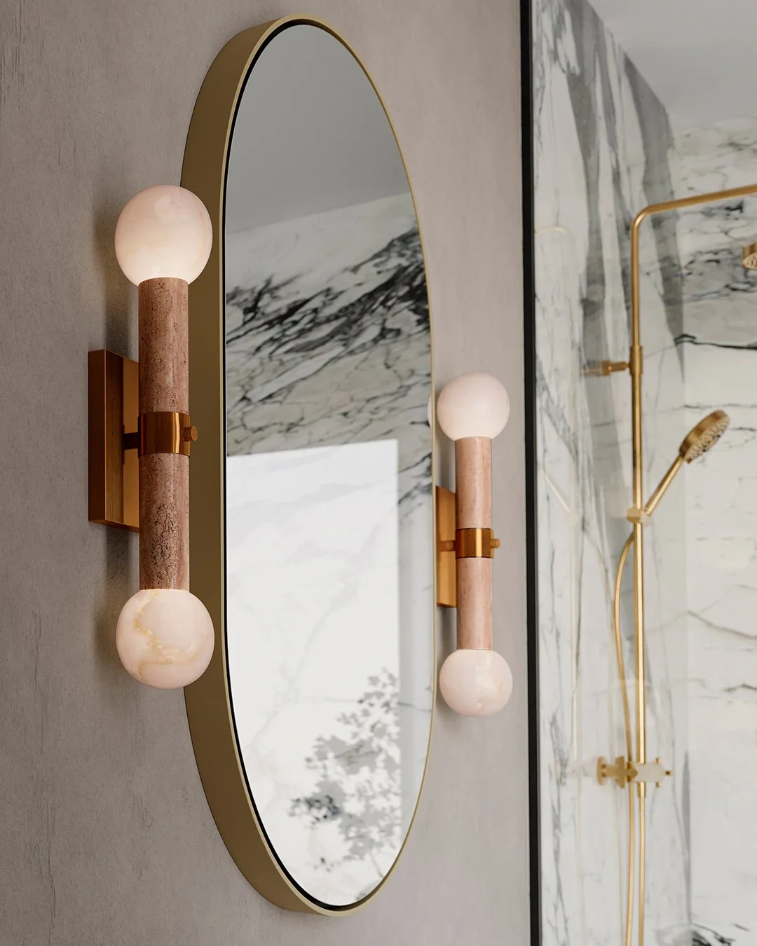 Part of their expanding bath collection, the Beatrix Wall Sconces from @curreyco bring sophistication to any powder room. Available in travertine or black marble, with bulbs encased in painted art glass, they can be hung vertically or horizontally fo