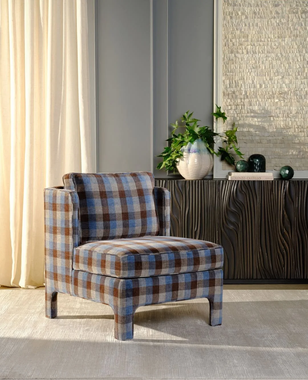 Laguna Vendor: Burton James

New arrivals made for the season &mdash; *The Lars Chair* from @burtonjamesinc.

Wrapped in their *Hamilton Ocean* fabric, this piece pairs modern plaid with vintage charm, striking the perfect balance between tailored st