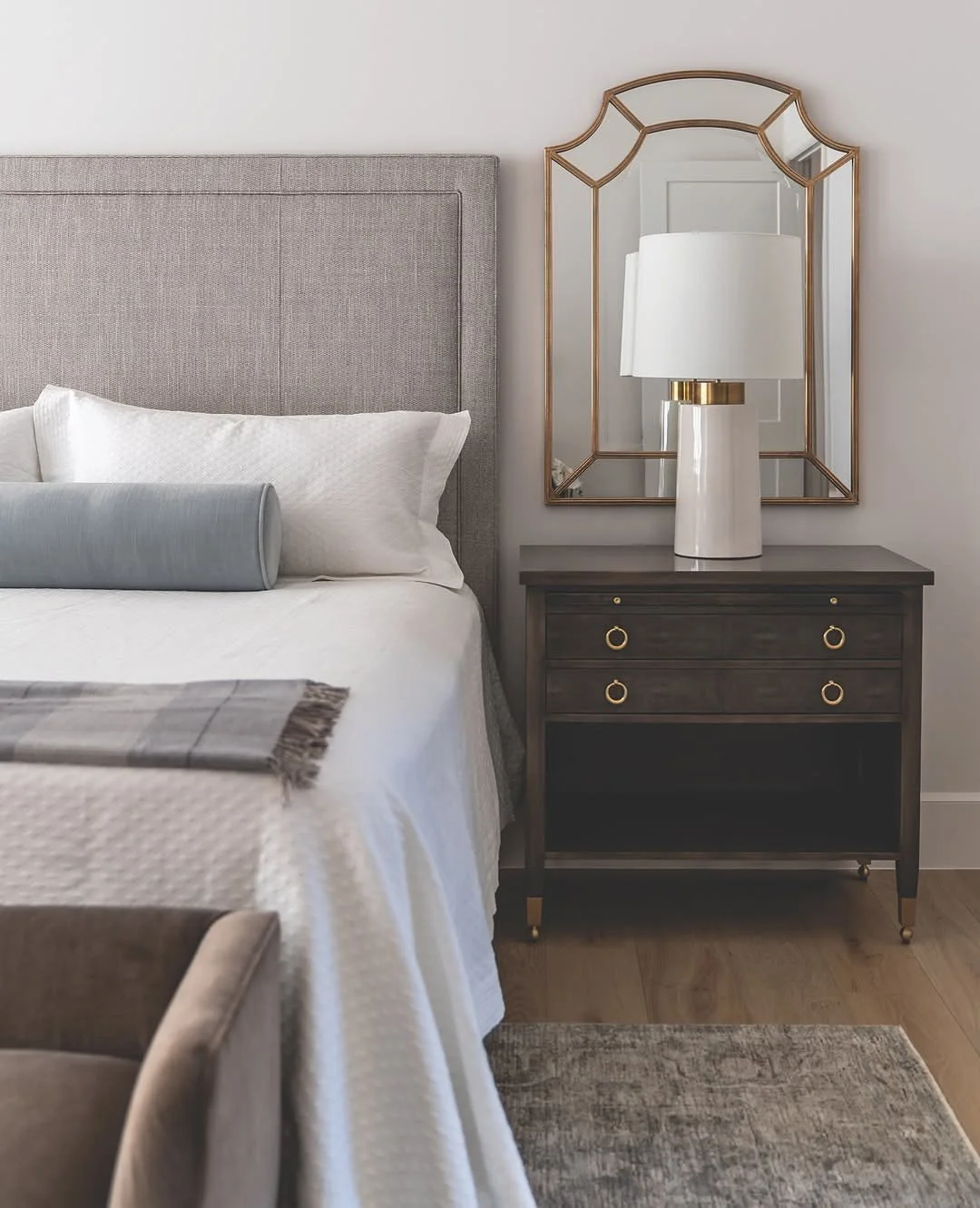 The Mary McDonald Beaumont Nightstand from @chaddockhome settles in effortlessly &mdash; its tailored silhouette, warm finish, and jewelry-like hardware bringing quiet luxury to the bedside.

Thoughtfully designed with two drawers, an open shelf, and