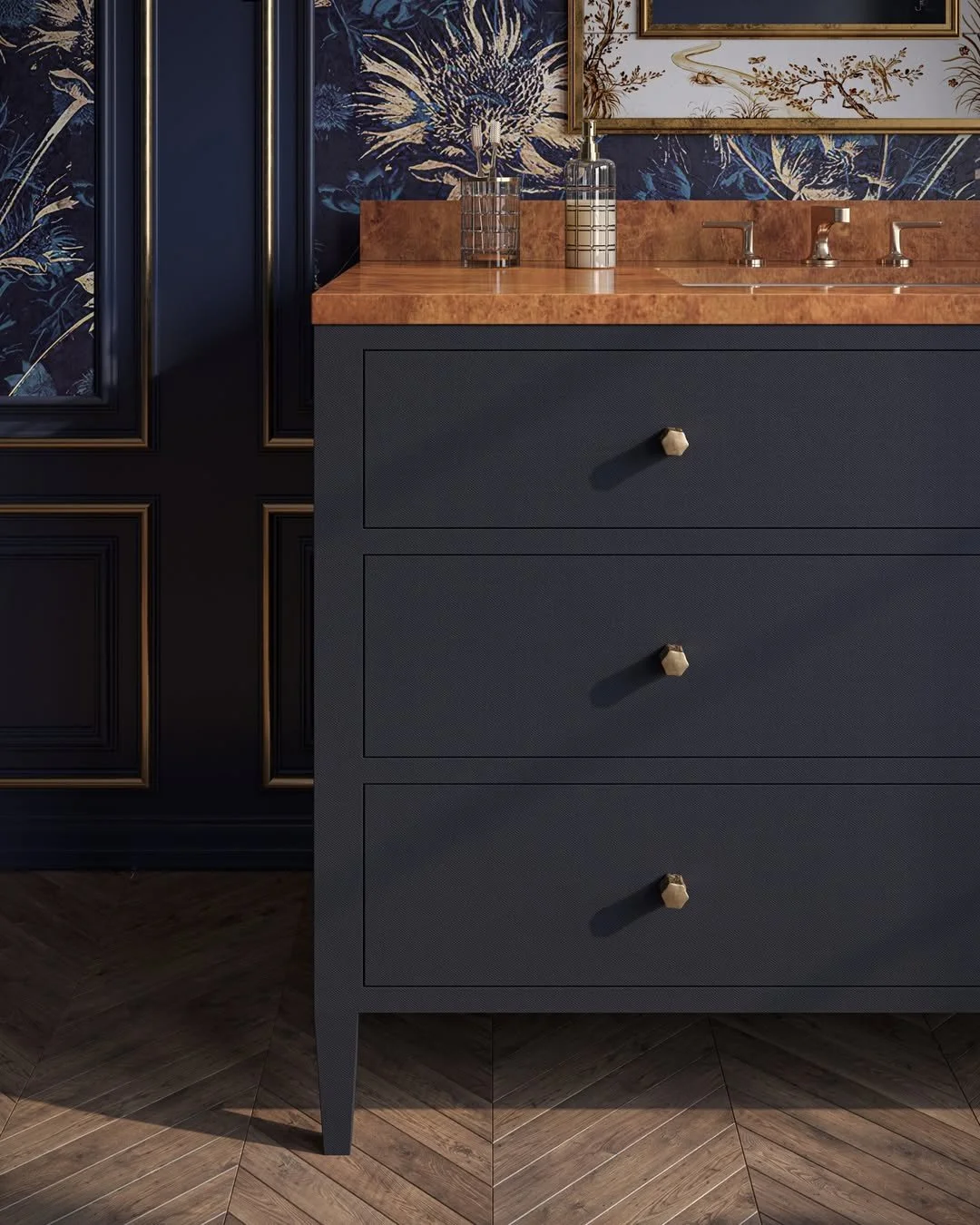 Day-to-day elegance starts here. The Jarin Vanity from @madegoods pairs faceted knobs with bottom-mount European glides and soft-close drawers for a look &mdash; and feel &mdash; of pure refinement. Now available in a two-door standing style, it brin