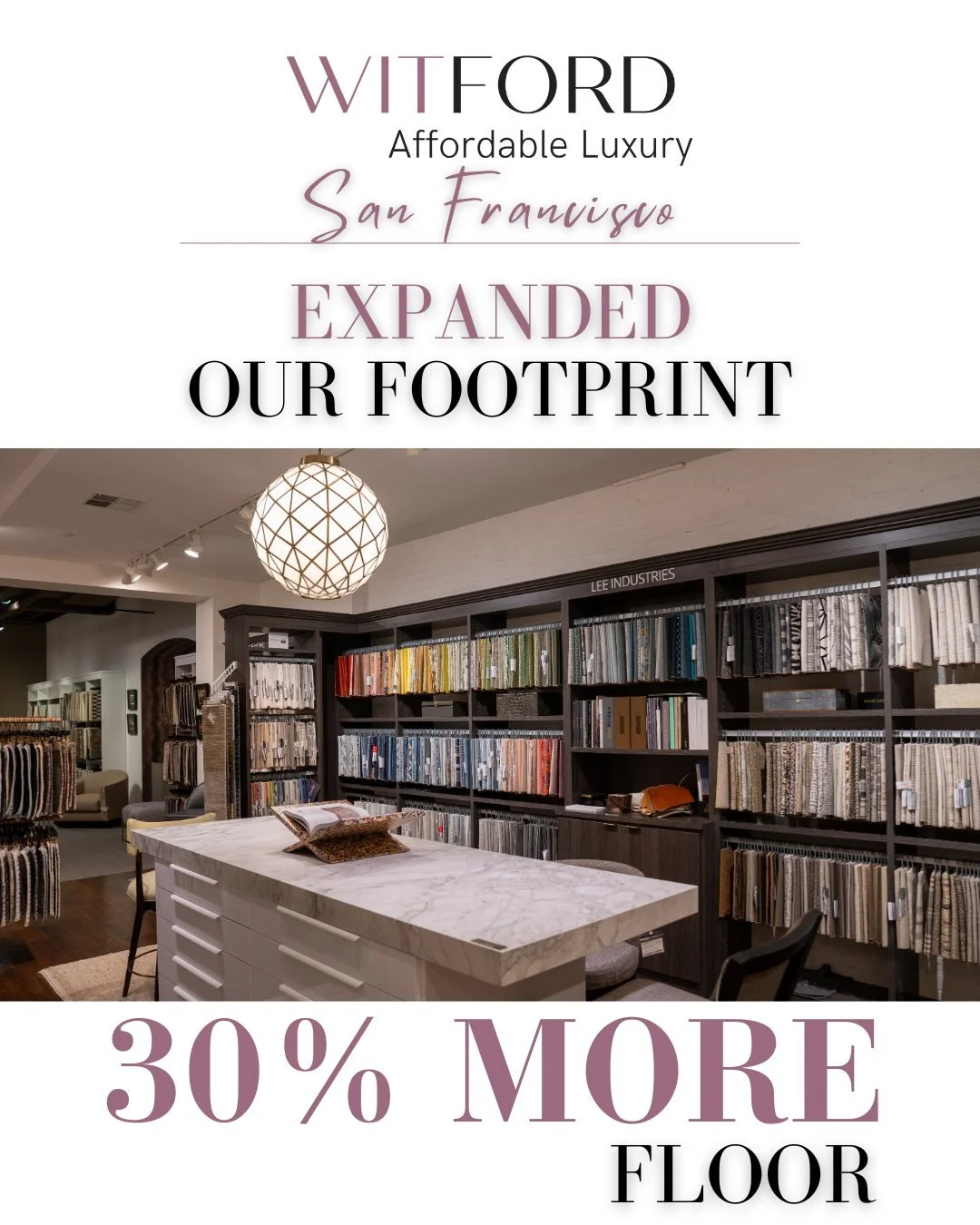 We've Expanded our Witford | San Francisco showroom with 30% MORE Floor Space. 
We knocked down walls and now have a larger showroom.

What does this mean? 
We are showing even more product from our represented brands.

Plus New Lines.

Now Represent