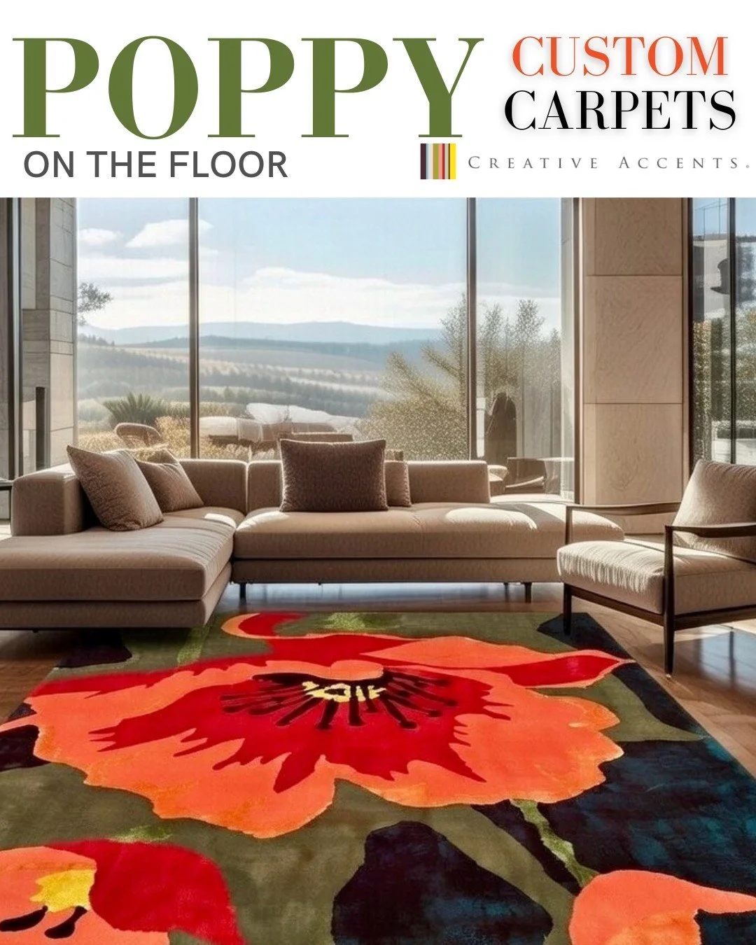 ON THE WALL &amp; ON THE FLOOR - only in Laguna.
This is not just a rug. This is a statement. 🌺

The Poppy design by @creative_accents is now on the wall in Laguna and it is stopping people in their tracks. Bold color. 

Oversized scale. Pure impact