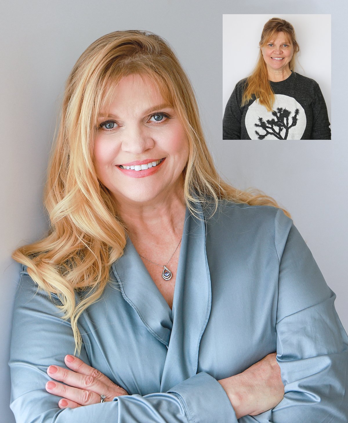 Portrait of a smiling woman with blonde hair wearing a light blue satin blouse, crossed arms, and a necklace, with an inset of the same woman in a dark sweatshirt featuring a moon and tree design.