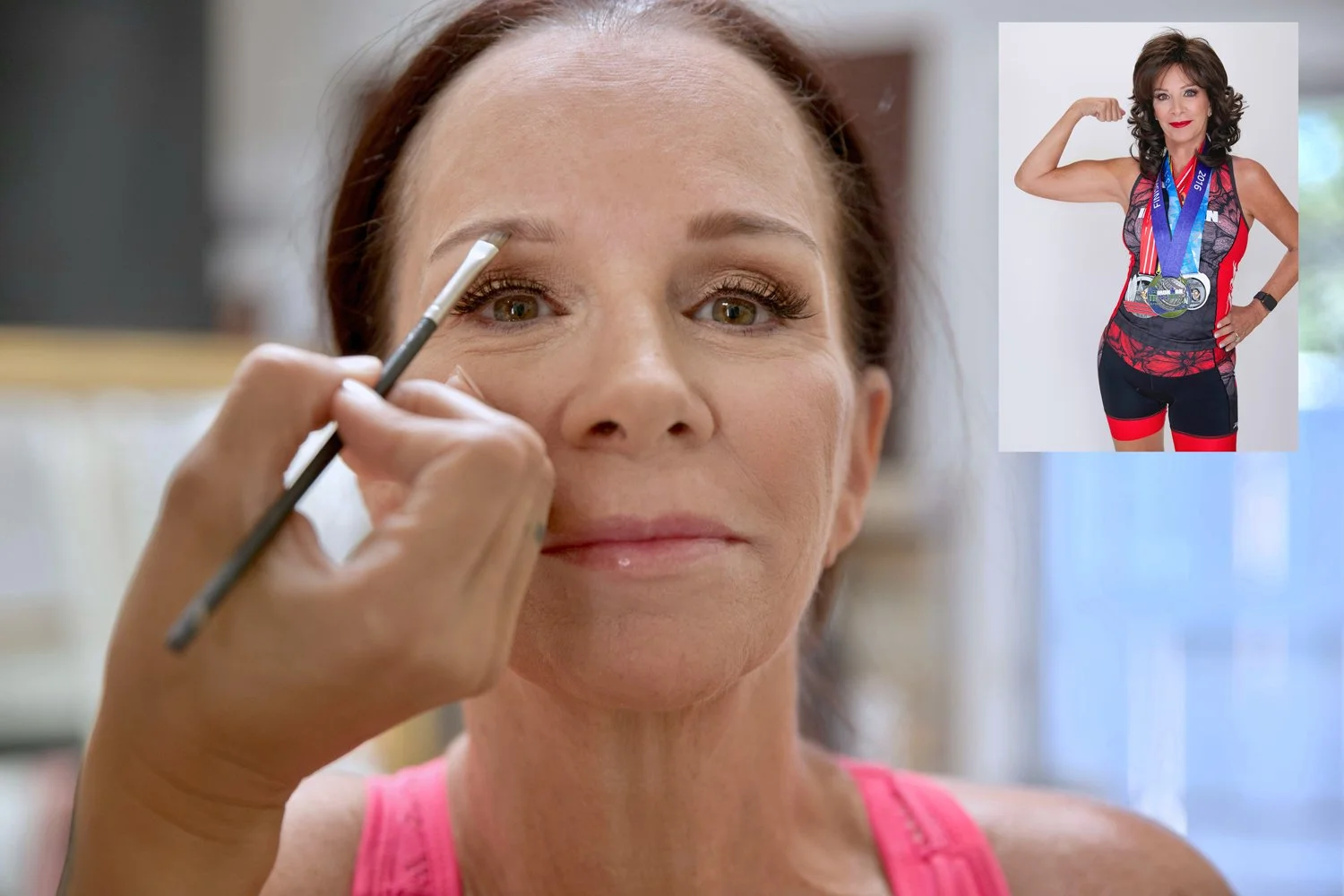 A woman having her makeup done, with a smaller inset showing her in athletic wear with medals, flexing her bicep and smiling.