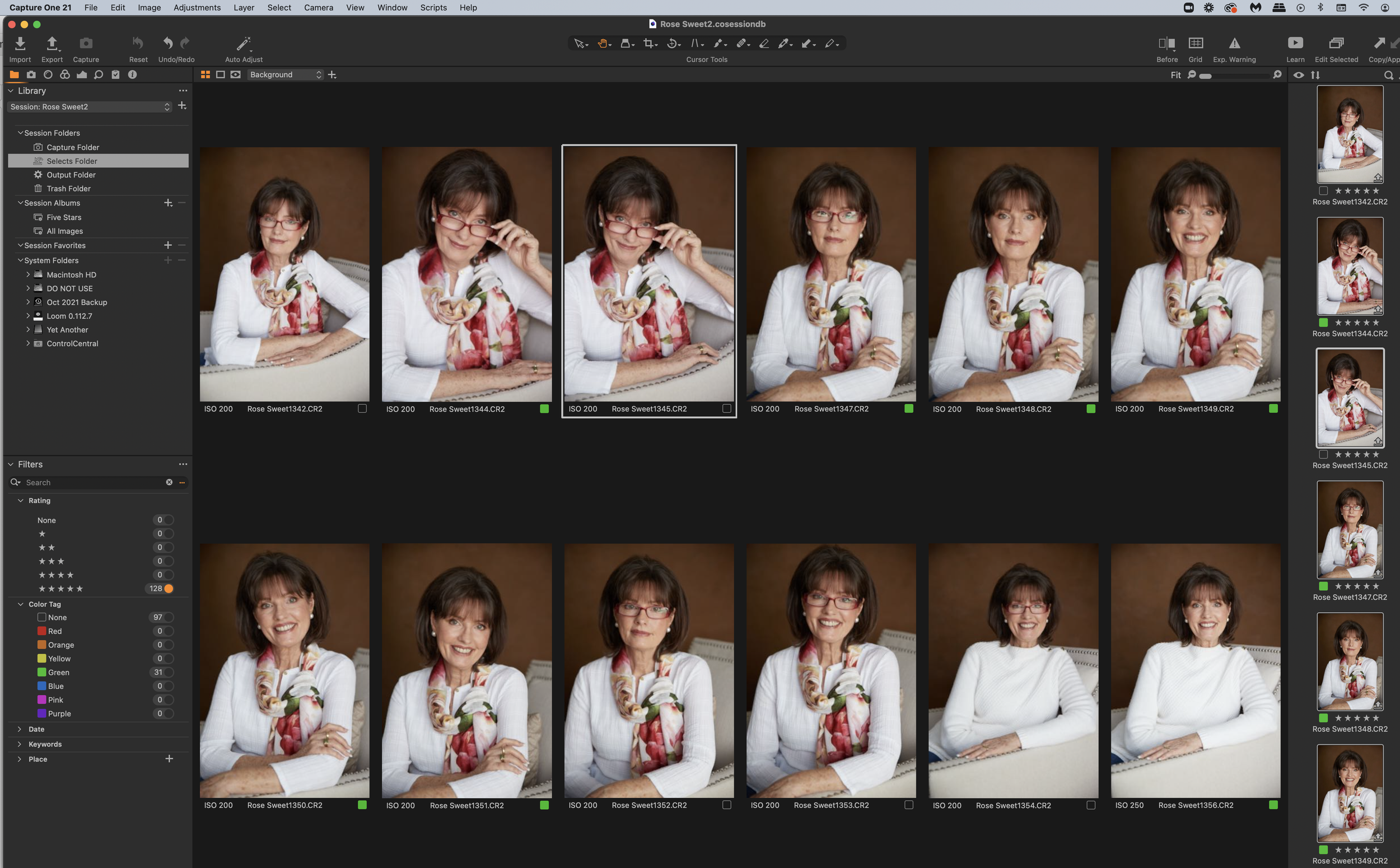 A woman with shoulder-length brown hair, glasses, and a colorful scarf in a white top, posing for a photoshoot against a brown background. The photos are displayed in a photo editing software with multiple shots showing her smiling, looking thoughtful, adjusting her glasses, and resting her arms.