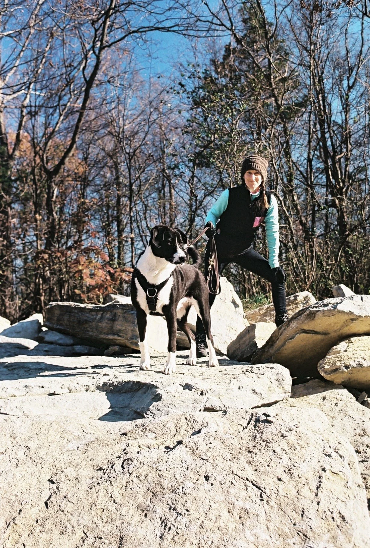 Sharon, donning fall hiking gear, and Muggins, donning a leash and harness, stand confidently atop a pile of rocks.