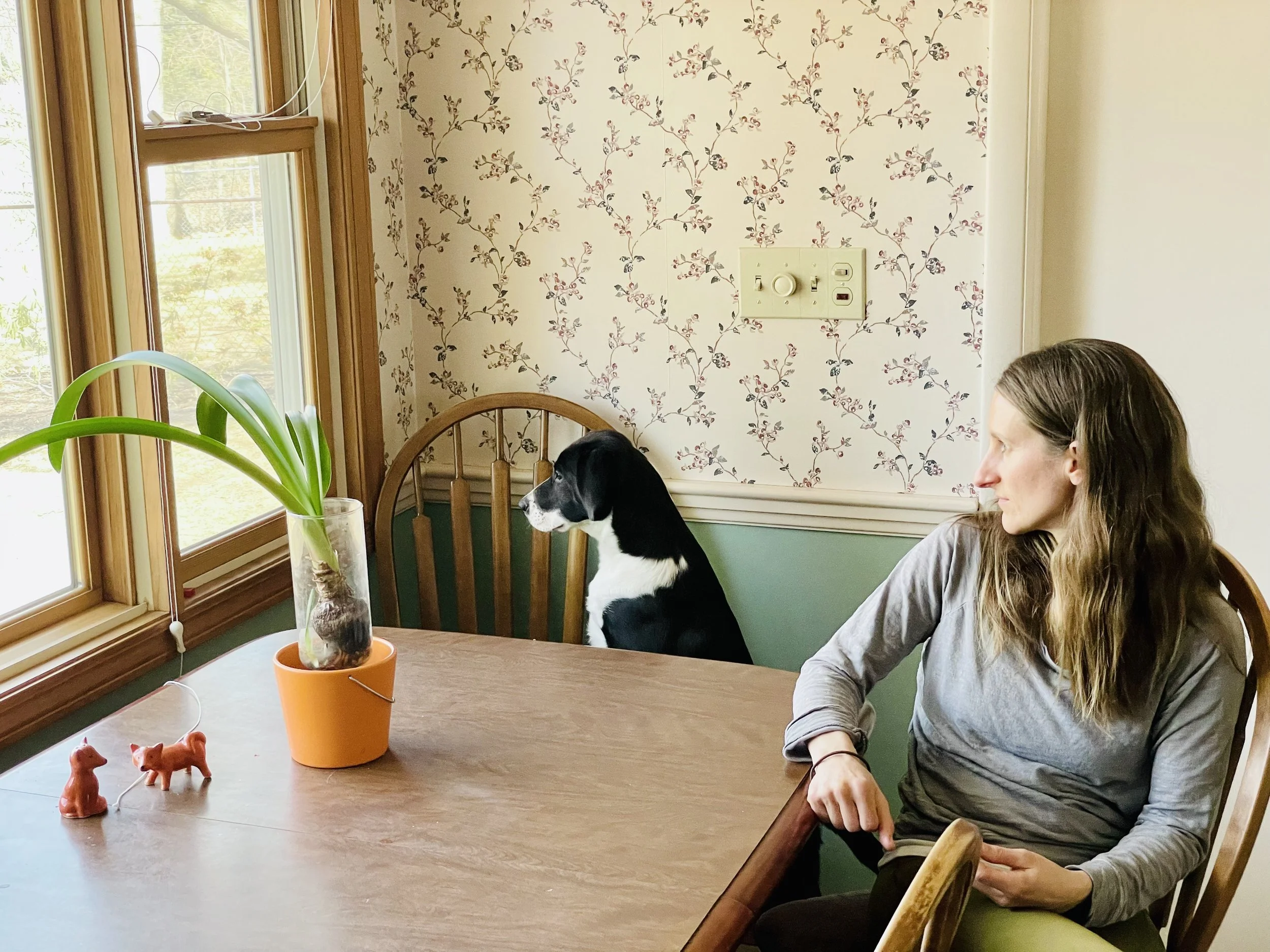 Sharon and Muggins sit at a kitchen table, gazing relaxedly out into the back yard.