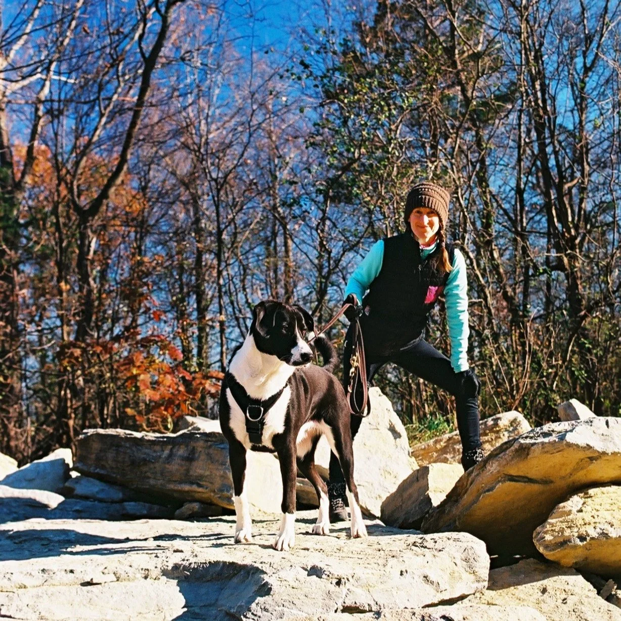 Image shows a white human wearing teal and black hiking clothes standing on top of a pile of rocks with a large black-and-white dog.