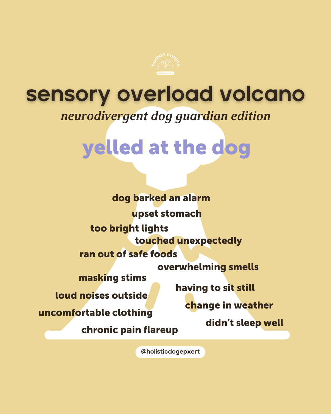 Image shows a peach tea background with white volcano graphic titled "neurodivergent dog guardian edition".