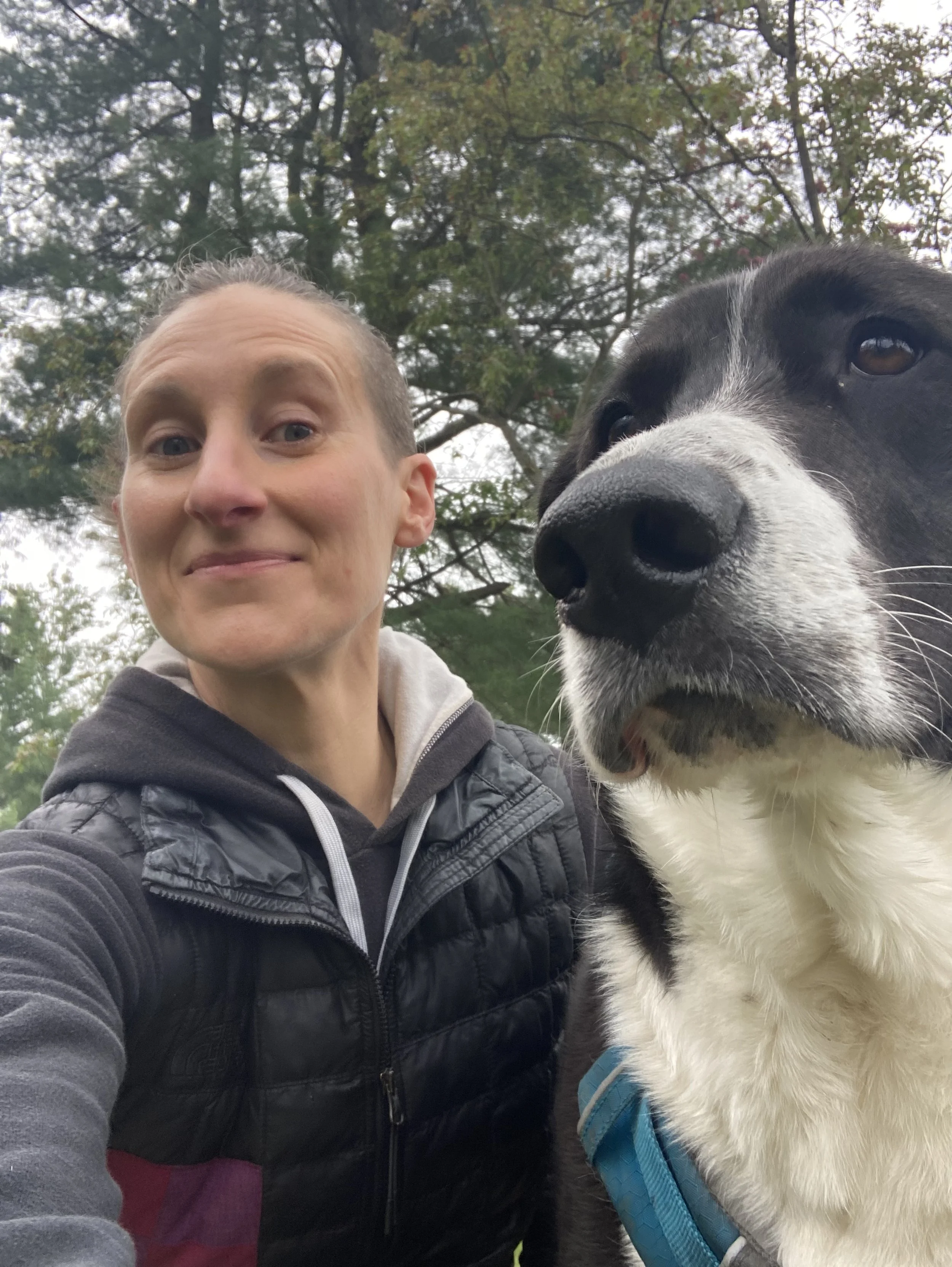 Image shows a white human wearing black hoodie and smiling mischievously while next to large black-and-white dog.