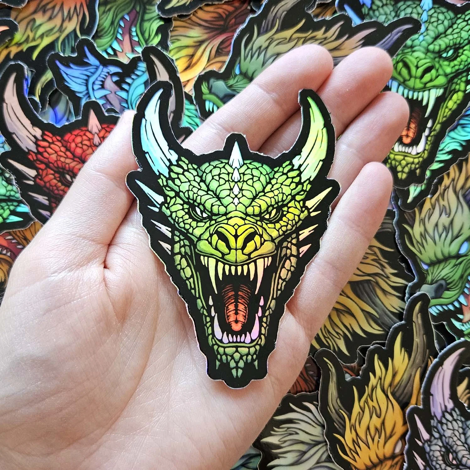 green dragon holographic sticker decal vinyl traditional horns horned dragons outdoor stickers.jpg