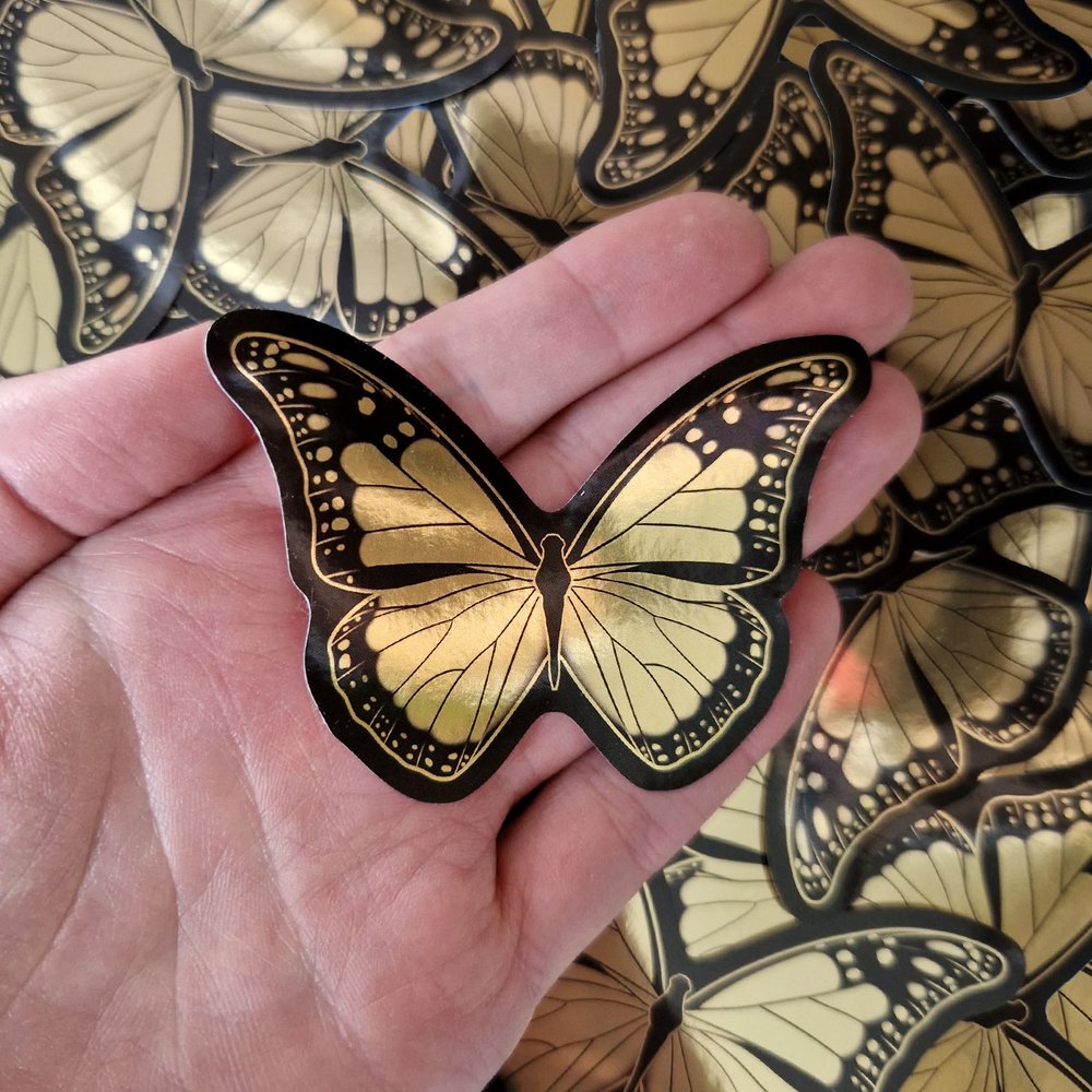 Golden butterfly stickers / mirror gold butterfly decal. Wildlife gold  sticker vinyl. Nature sticker — Sketched by Ste