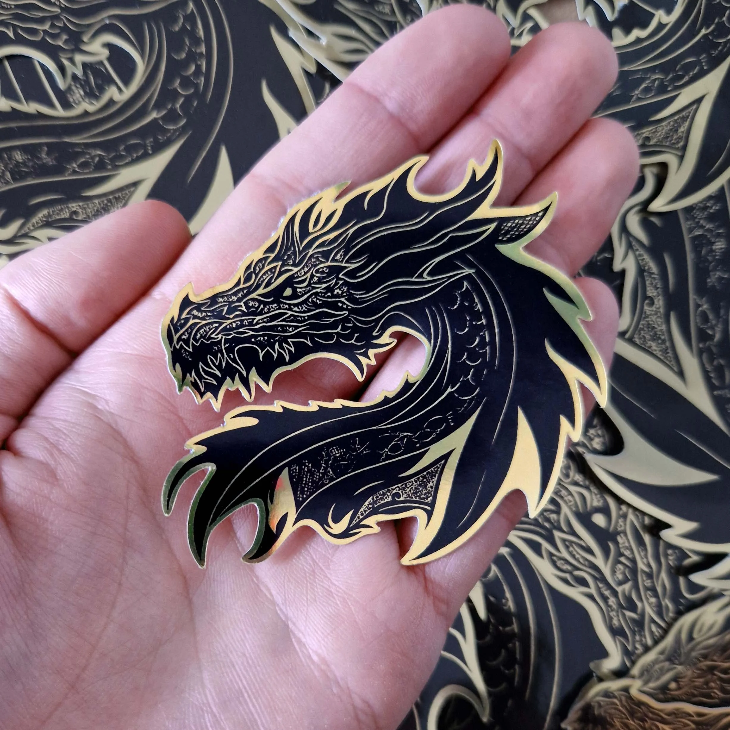 Gold dragon sticker design. Awesome mirror gold fantasy dragon decal ...