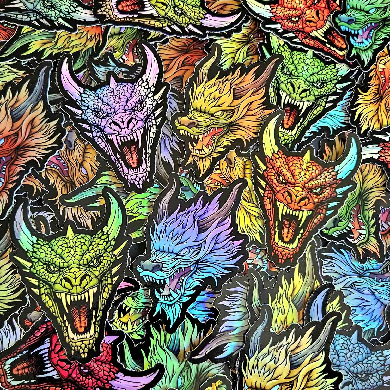 holographic dragon stickers green blue red orange flames fire horned eastern western asian traditional european dragons decal.jpg