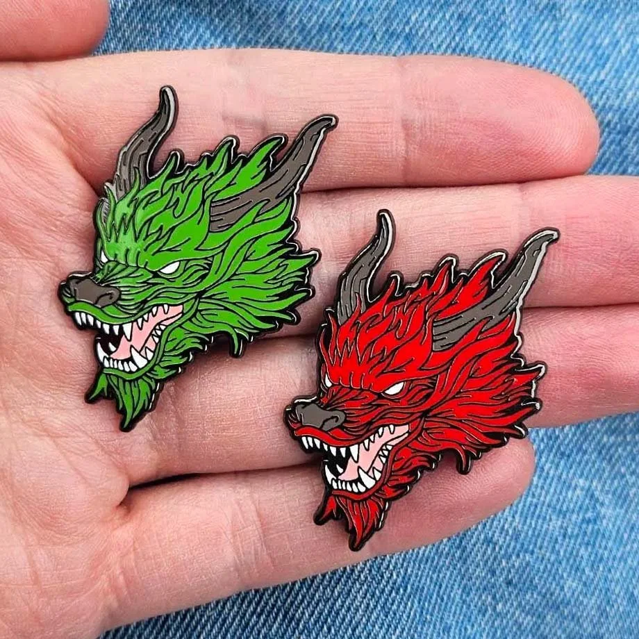 Hard enamel Eastern dragon pin with flowing horns and serpentine design