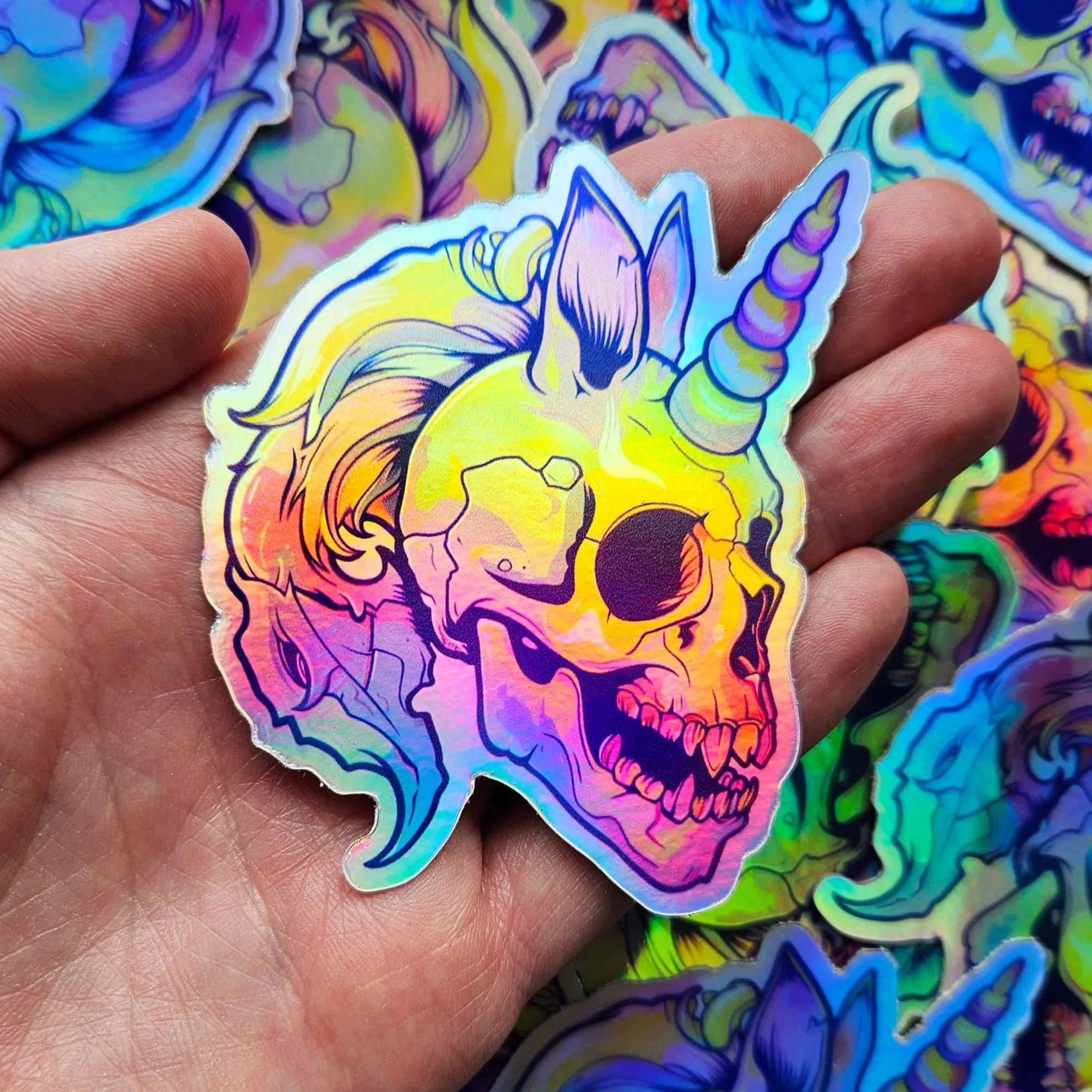 HUMAN UNICORN SKULL holographic sticker