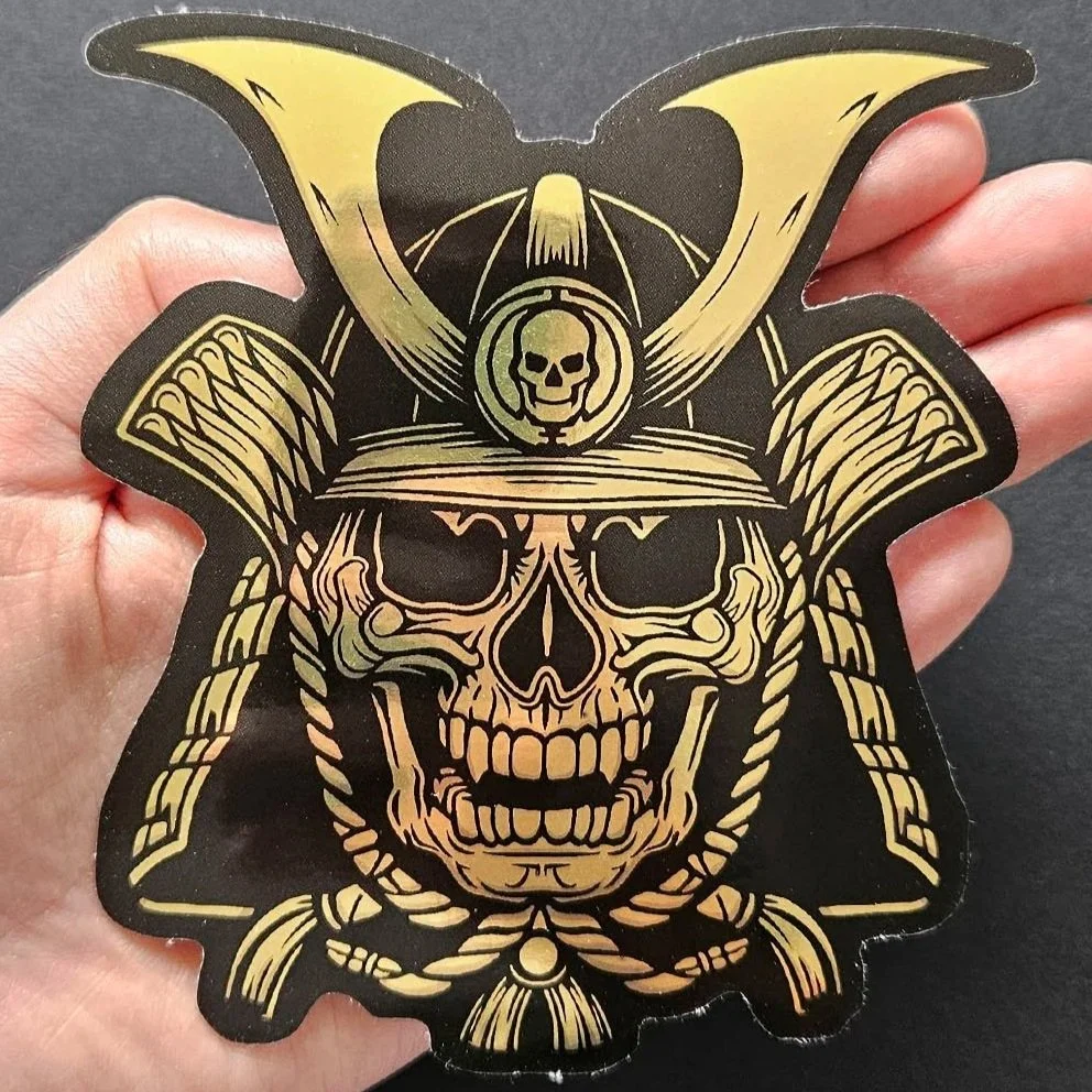 Gold Samurai skull sticker / Japanese Oni warrior mask
