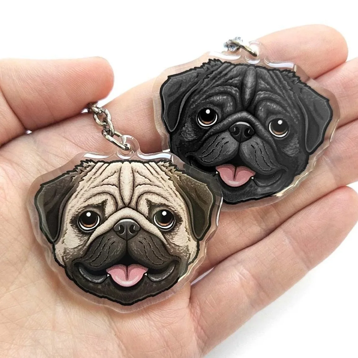 Pug keyrings / Pug dog collar charms (fawn & black)