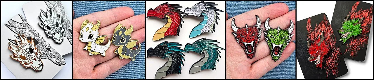 Banner of dragon enamel pins including chibi, western horned, eastern, skull, and dragon bust designs