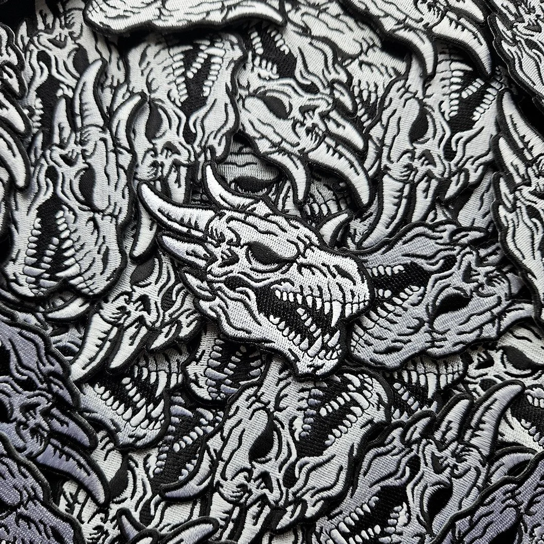 3 quarter dragon skull patch embroidery horned classic dragon skull skeleton wyvern fantasy drake undead.jpg