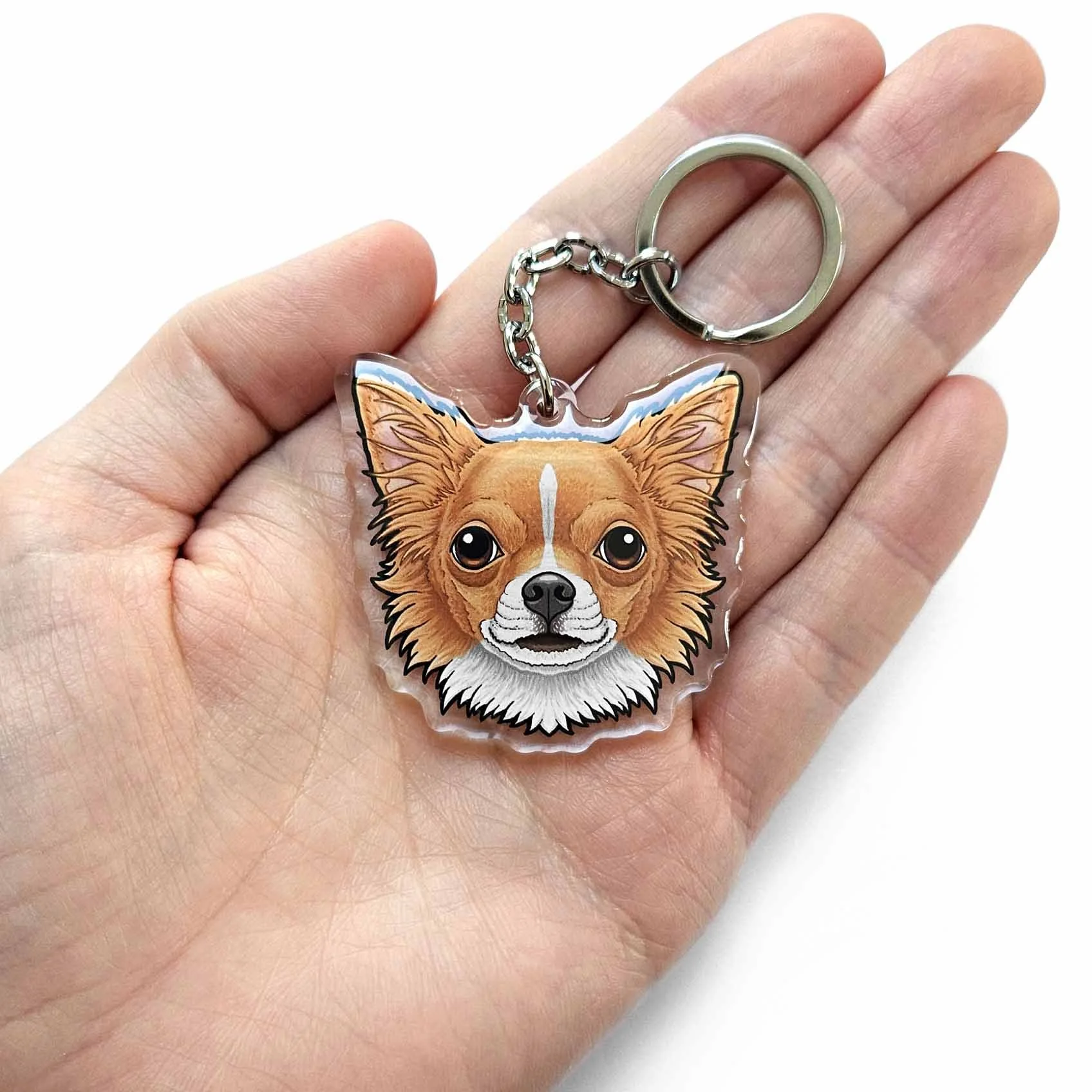chihuahuah keyring long haired red white chihuahuah apple head striped fur pattern key ring keychain gift.jpg