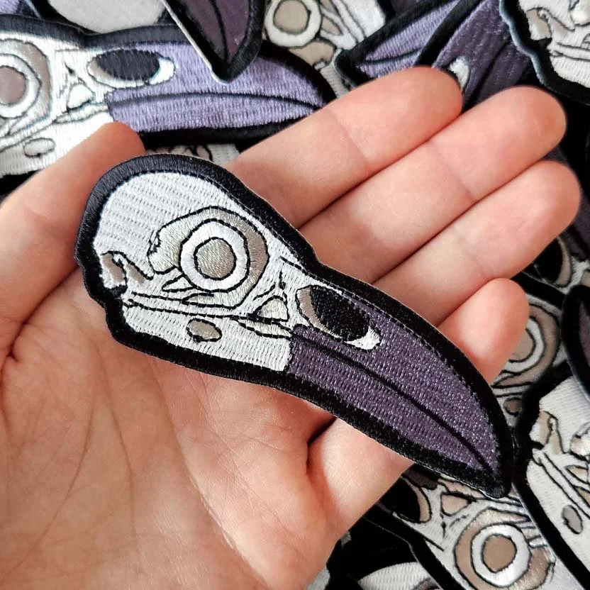 Iron-on Raven Skull Patch – gothic and alternative bird skull embroidery design