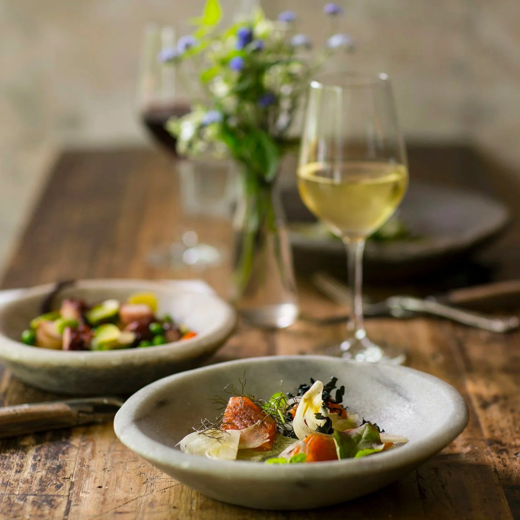 Dining table with wine glass