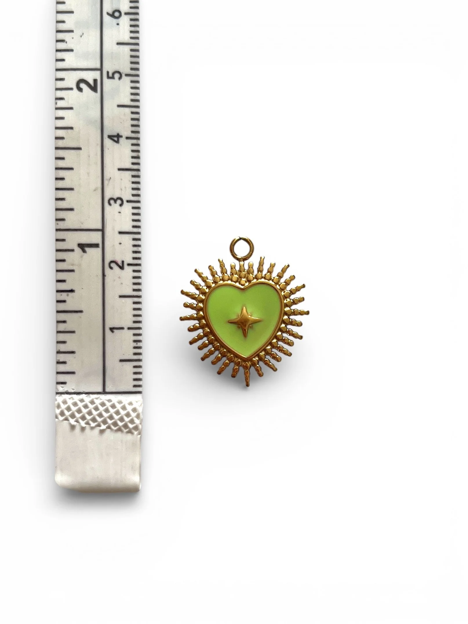 green enamel sacred heart charm with gold rays