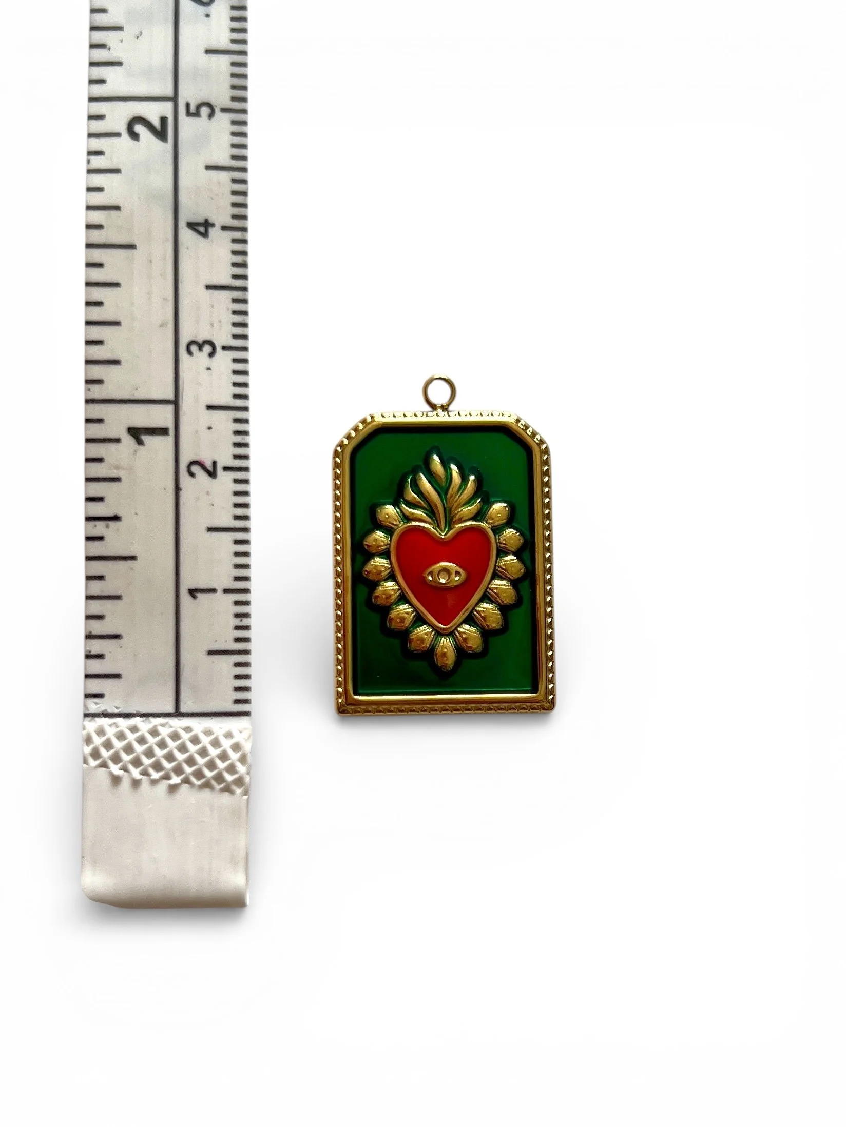 green enamel religious heart charm in gold frame