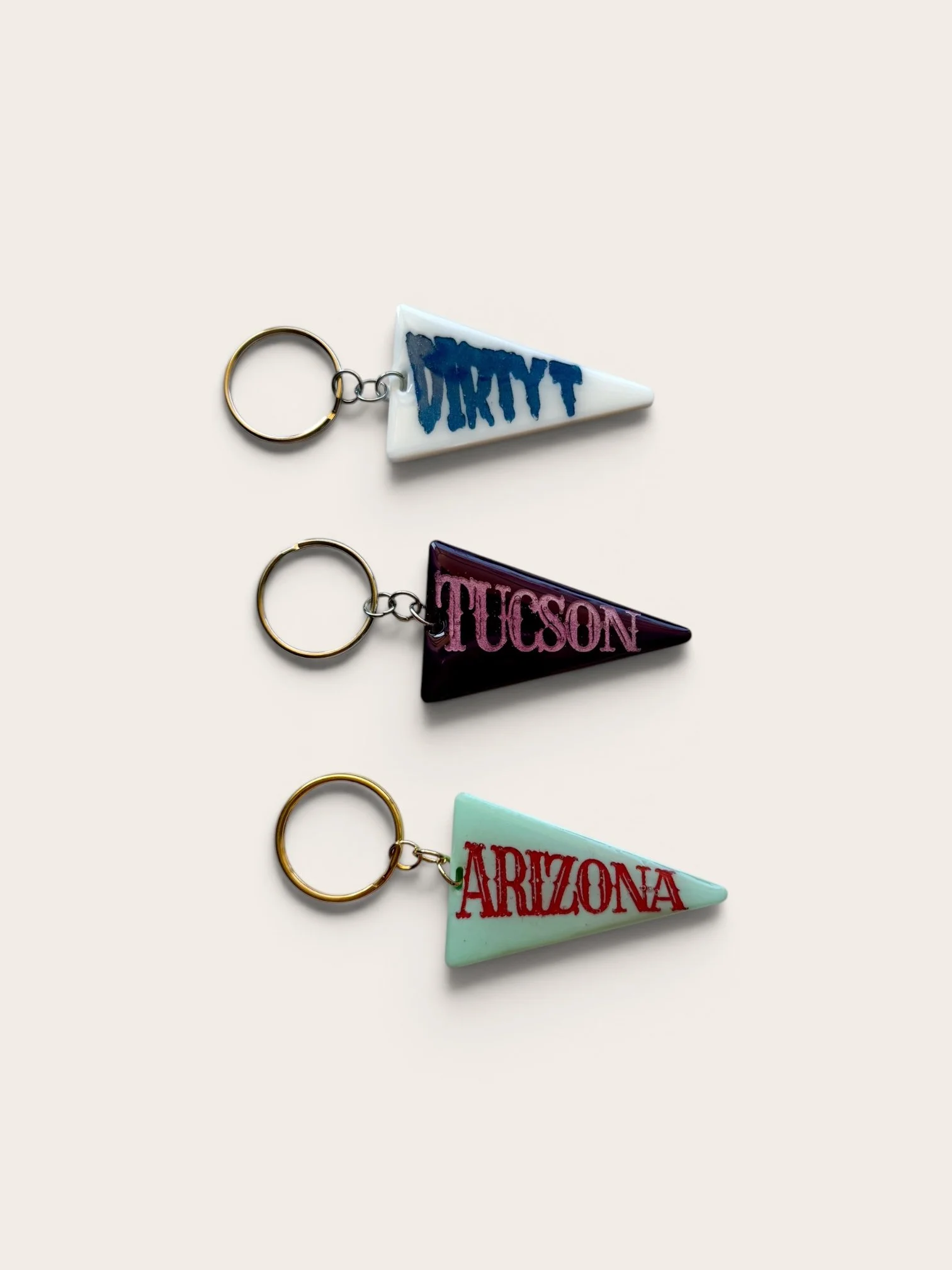 Retro-inspired Arizona and Tucson pennant keychains handmade souvenir accessory set.