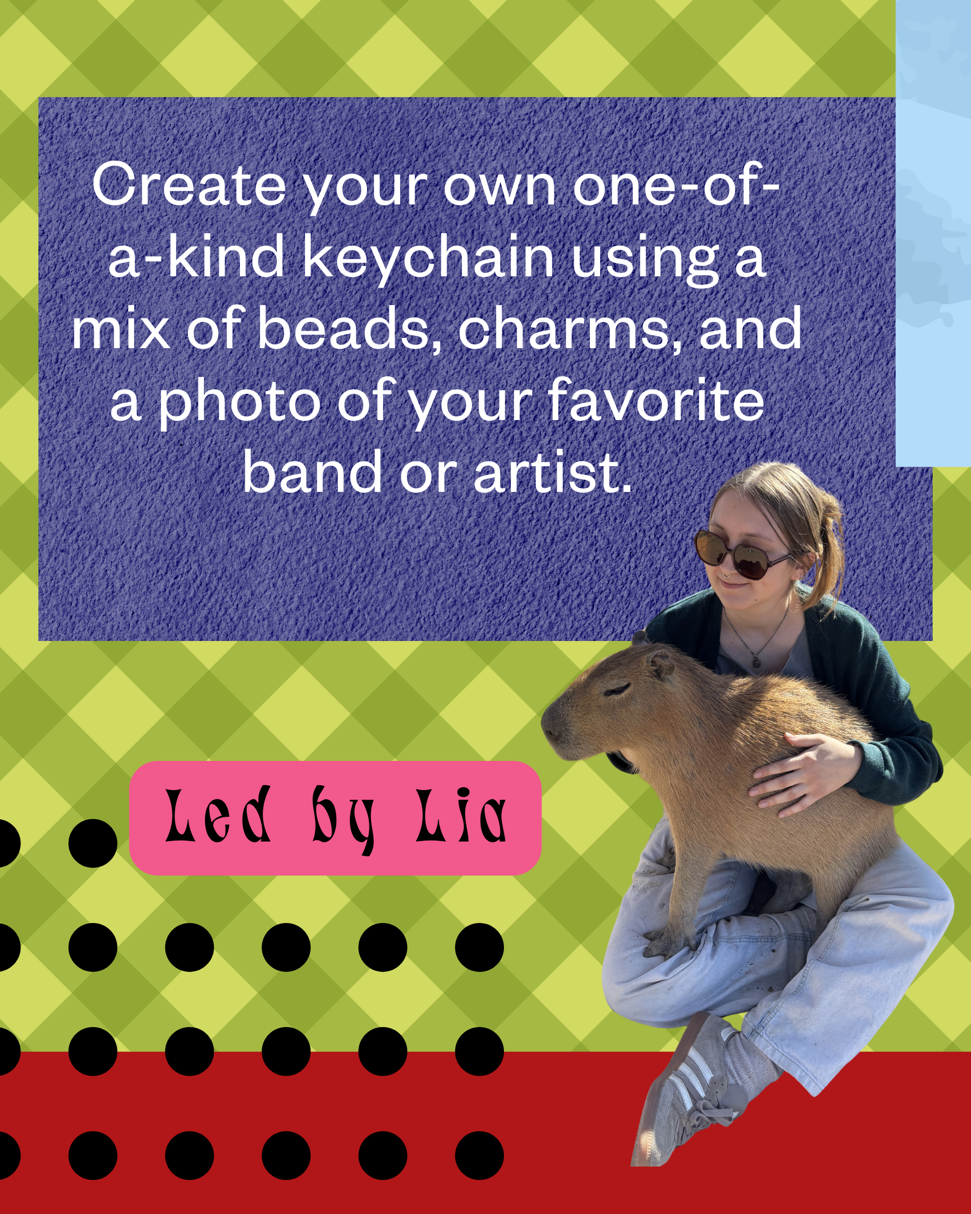Create your own one-of-a-kind keychain using a mix of beads, charms, and a photo of your favorite band or artist.