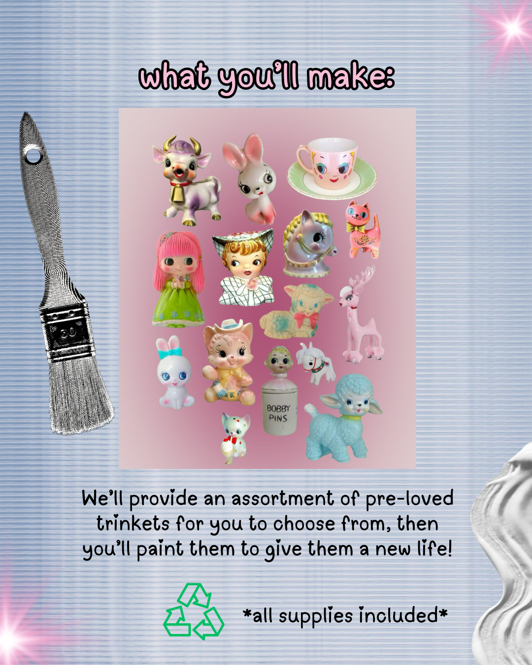 Painted vintage-style trinkets and figurines including animals, dolls, and kitschy collectibles used for a queer craft night painting event